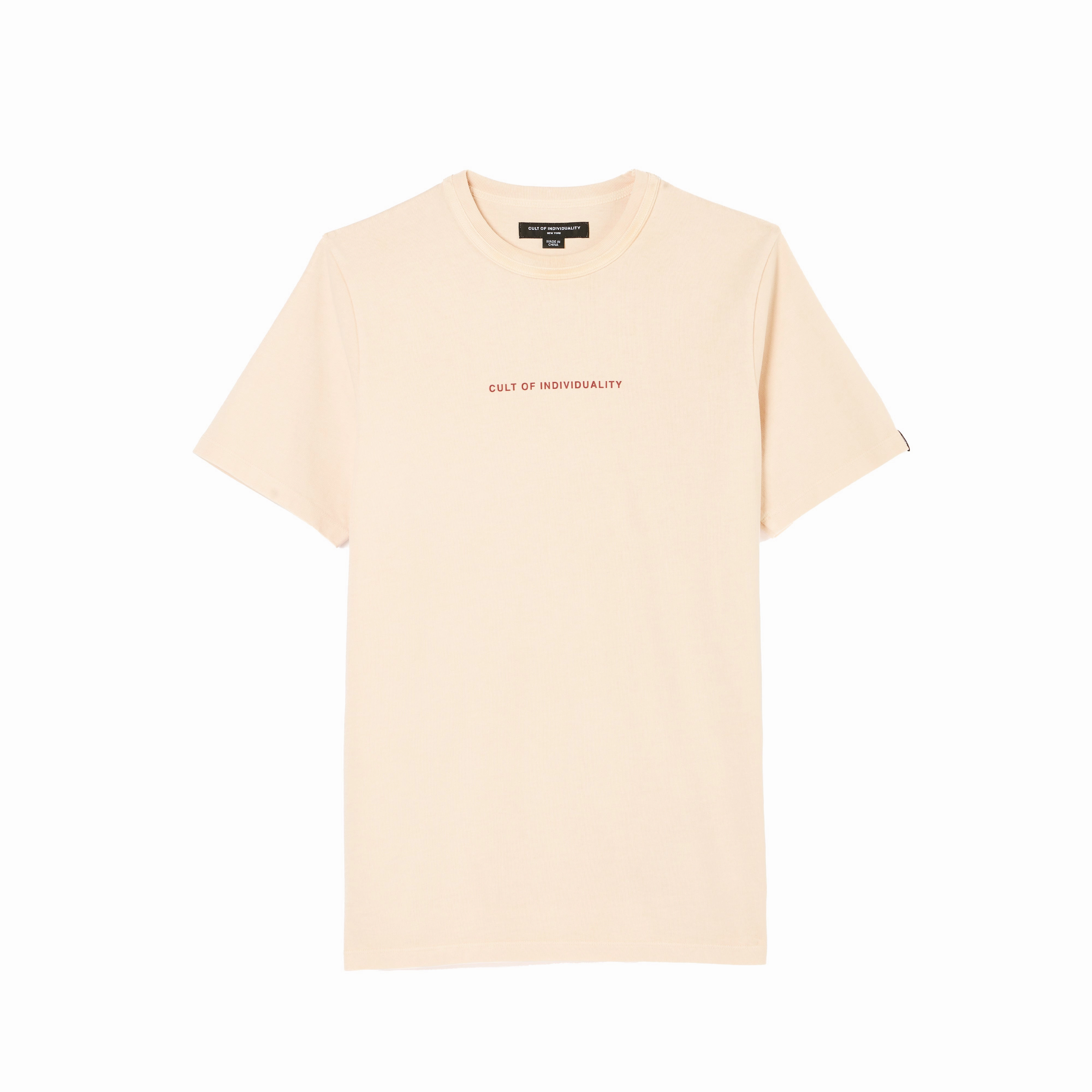 Cult's Heavyweight Short Sleeve Crew Neck Tee "Shimuchan" Logo in Powder Pink skinny but not tight EcoFriendlyDyes