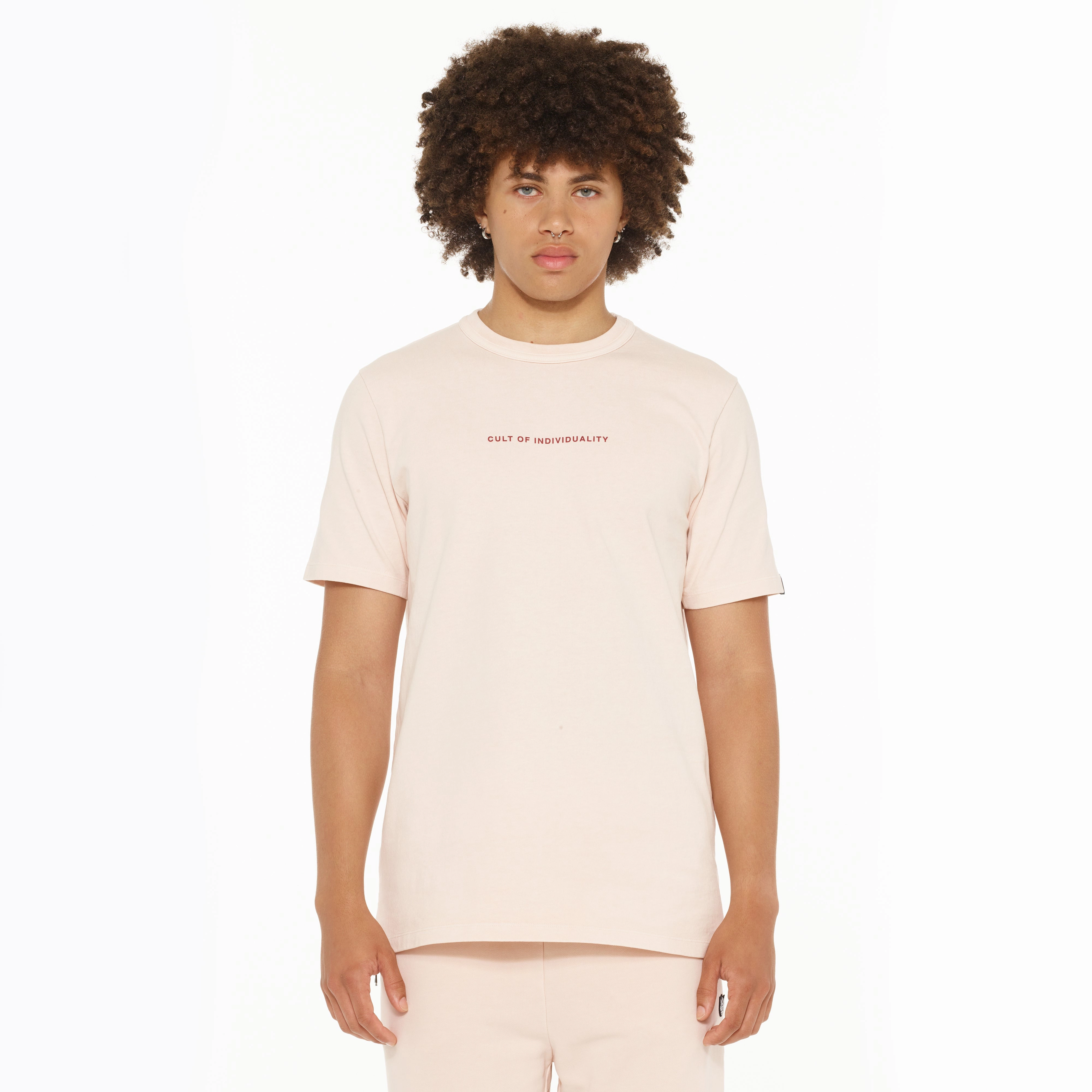 Sustainable Textile Cult's Heavyweight Short Sleeve Crew Neck Tee "Shimuchan" Logo in Powder Pink