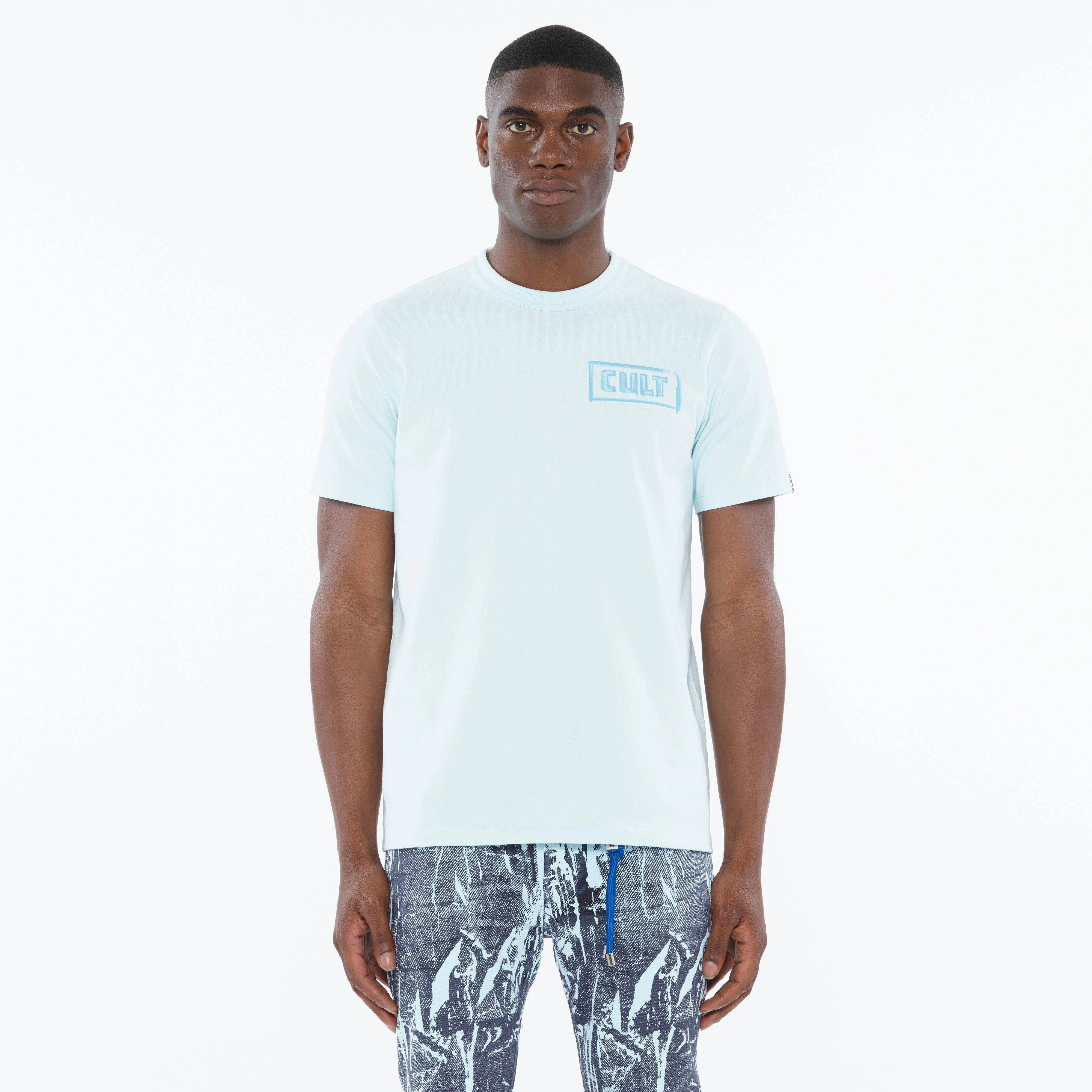 Cult's Heavyweight Short Sleeve Crew Neck Tee "Stroke" in Powder Blue BreathableMaterial Minimal Fit