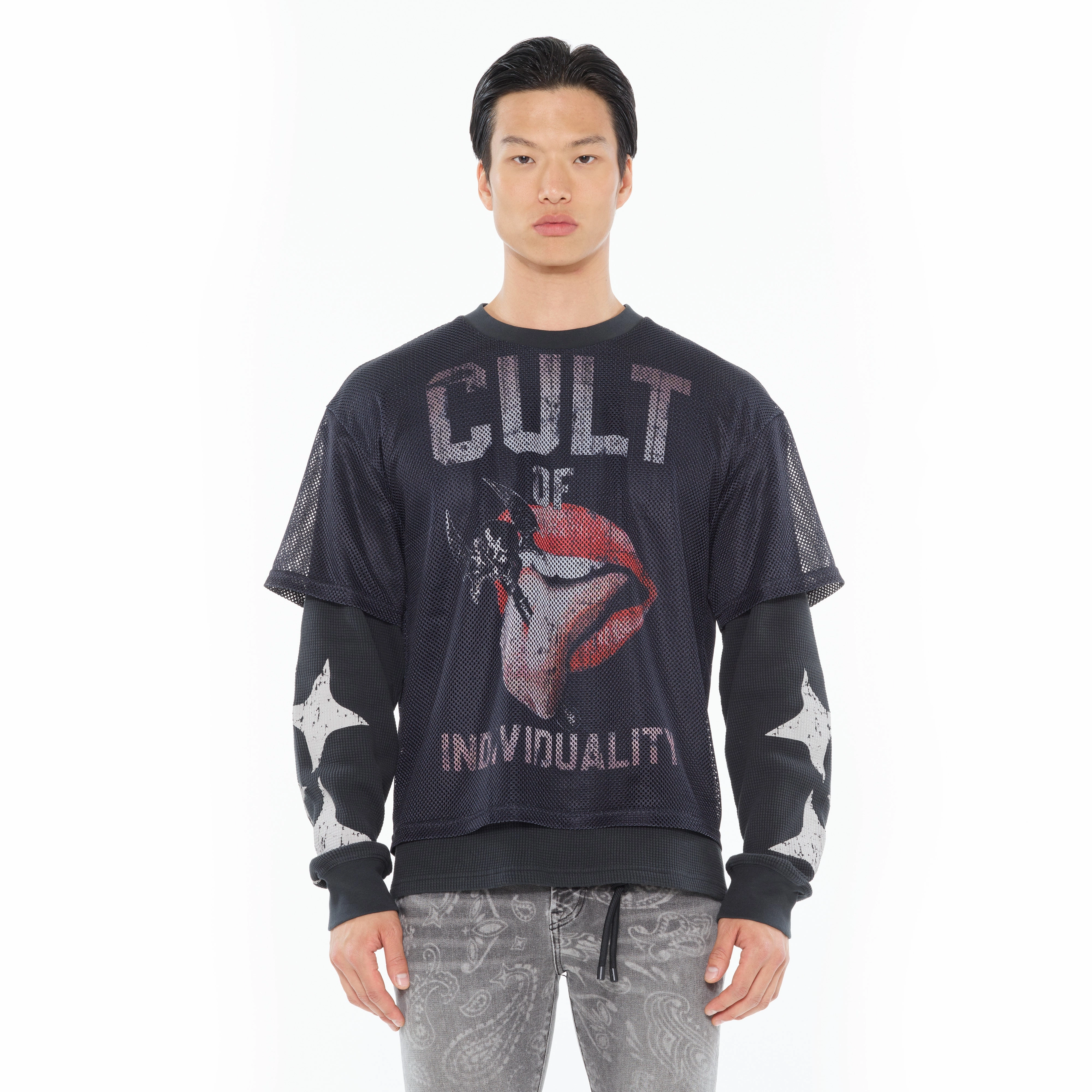 Cult's Long Sleeve Thermal With Mesh Shirt in Steel Soft and Stretchy