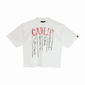 Cult's Oversized Heavyweight Boxy Short Sleeve Crew Neck Tee "C.U.L.T." in White Smart Layering AllWeatherComfort
