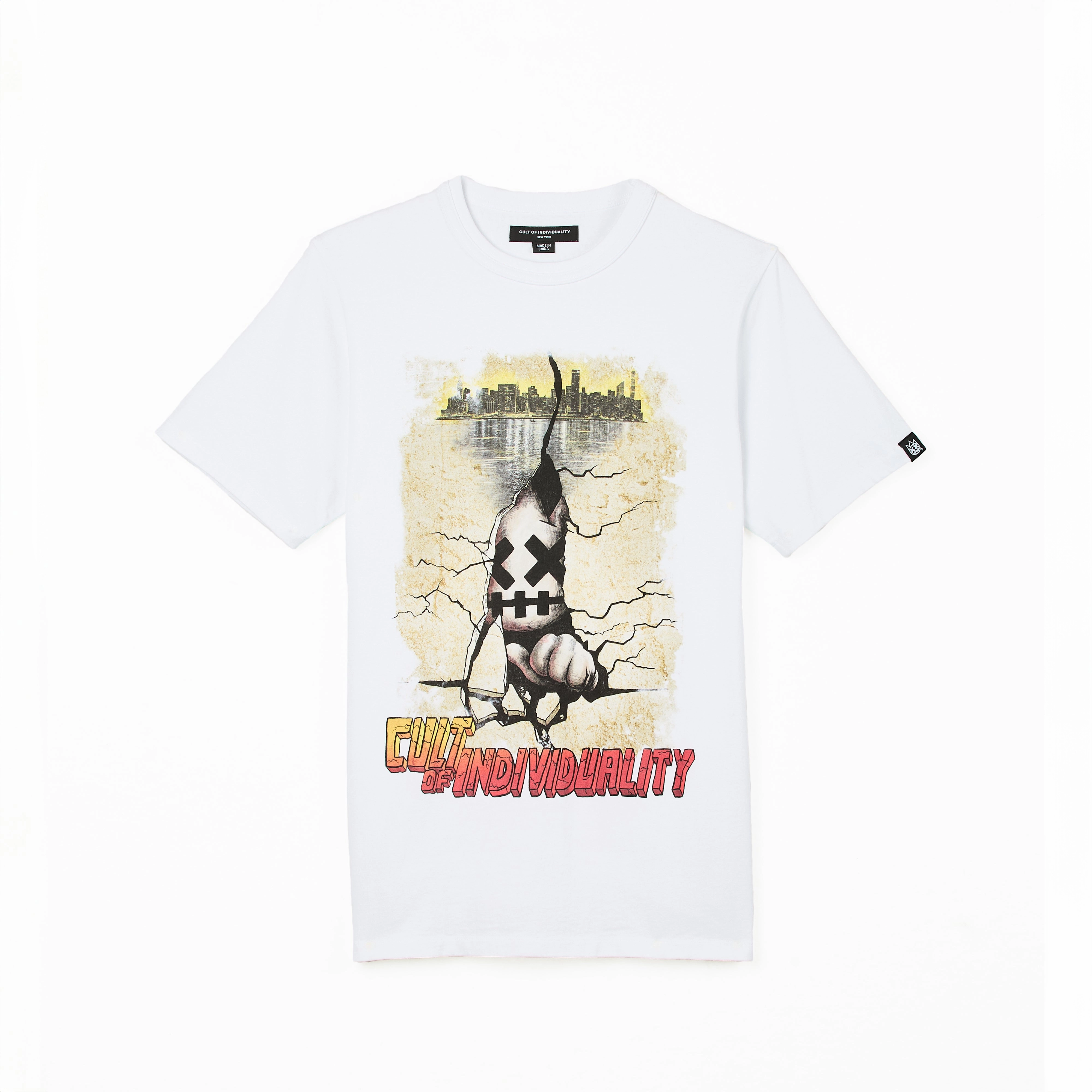 Cult's Short Sleeve Crew Neck Tee "Cracked Wall" in White Lightweight Style Easy Style Wear