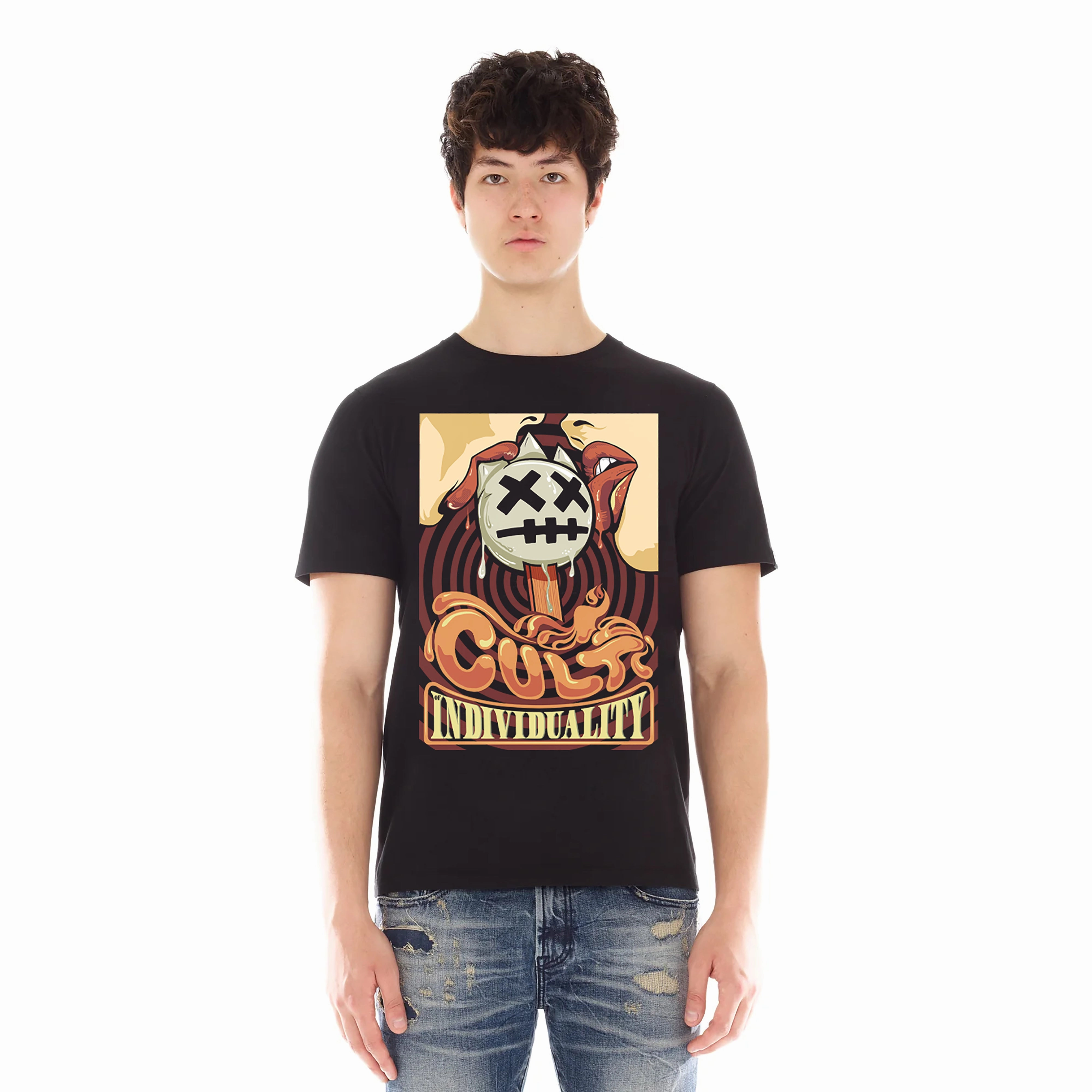 Machine washable Cult's Short Sleeve Crew Neck Tee "Lollipop" in Black