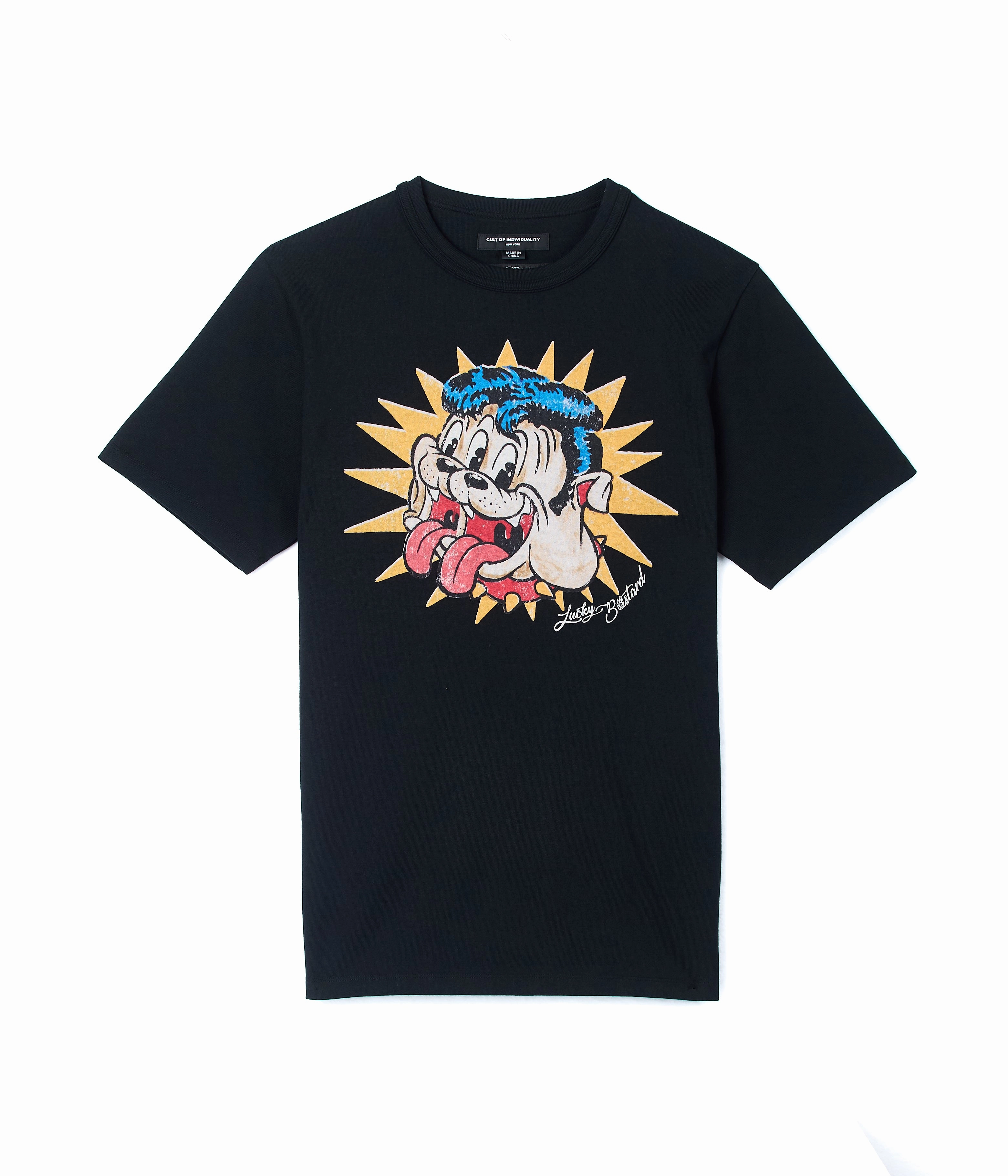 Cult's Short Sleeve Crew Neck Tee "Lucky Bastard" in Black Sporty Stretch Fit Non Shrink Material