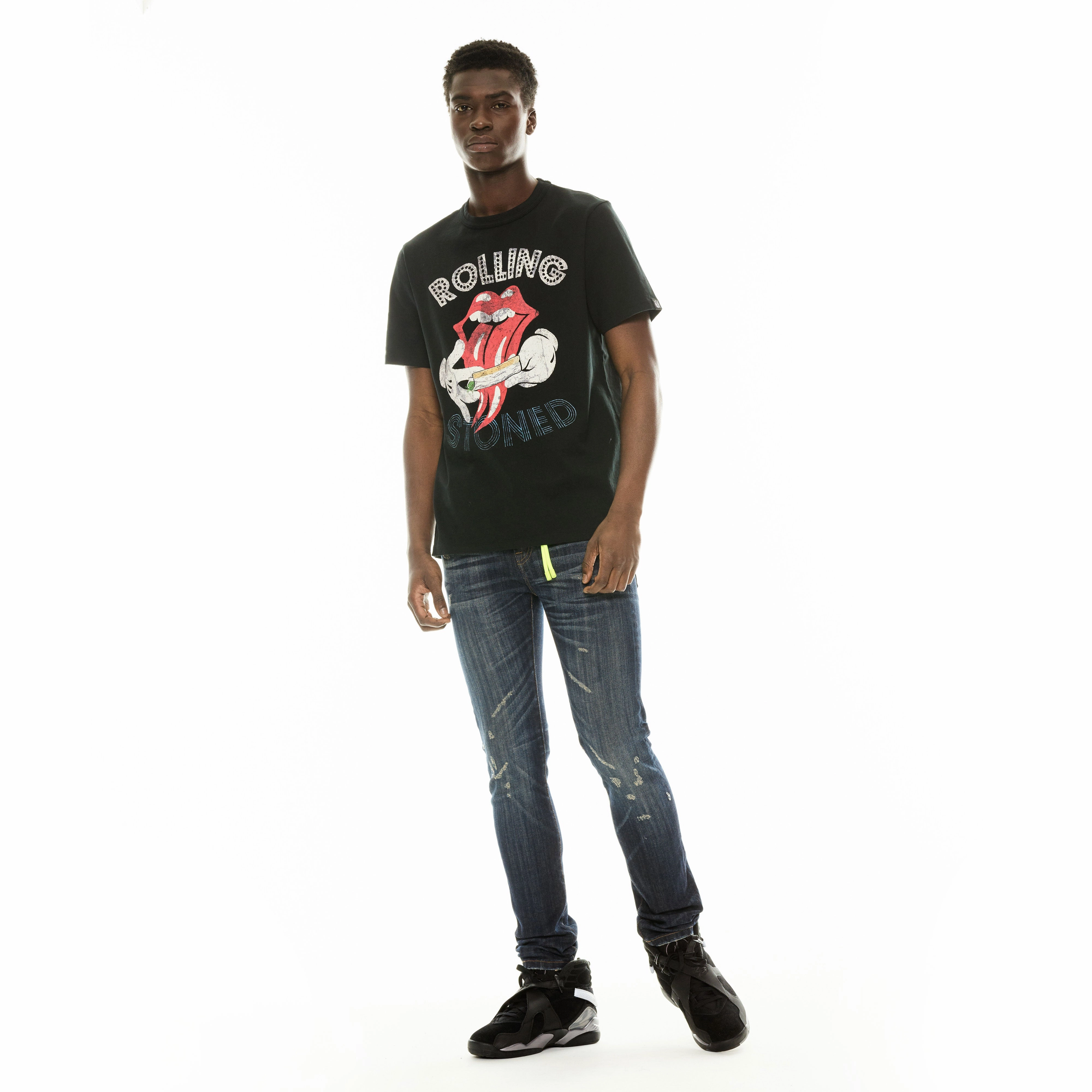 Cult's Short Sleeve Crew Neck Tee "Rolling Stoned" in Pirate Black Layered Sleeve Fresh Outfit Style