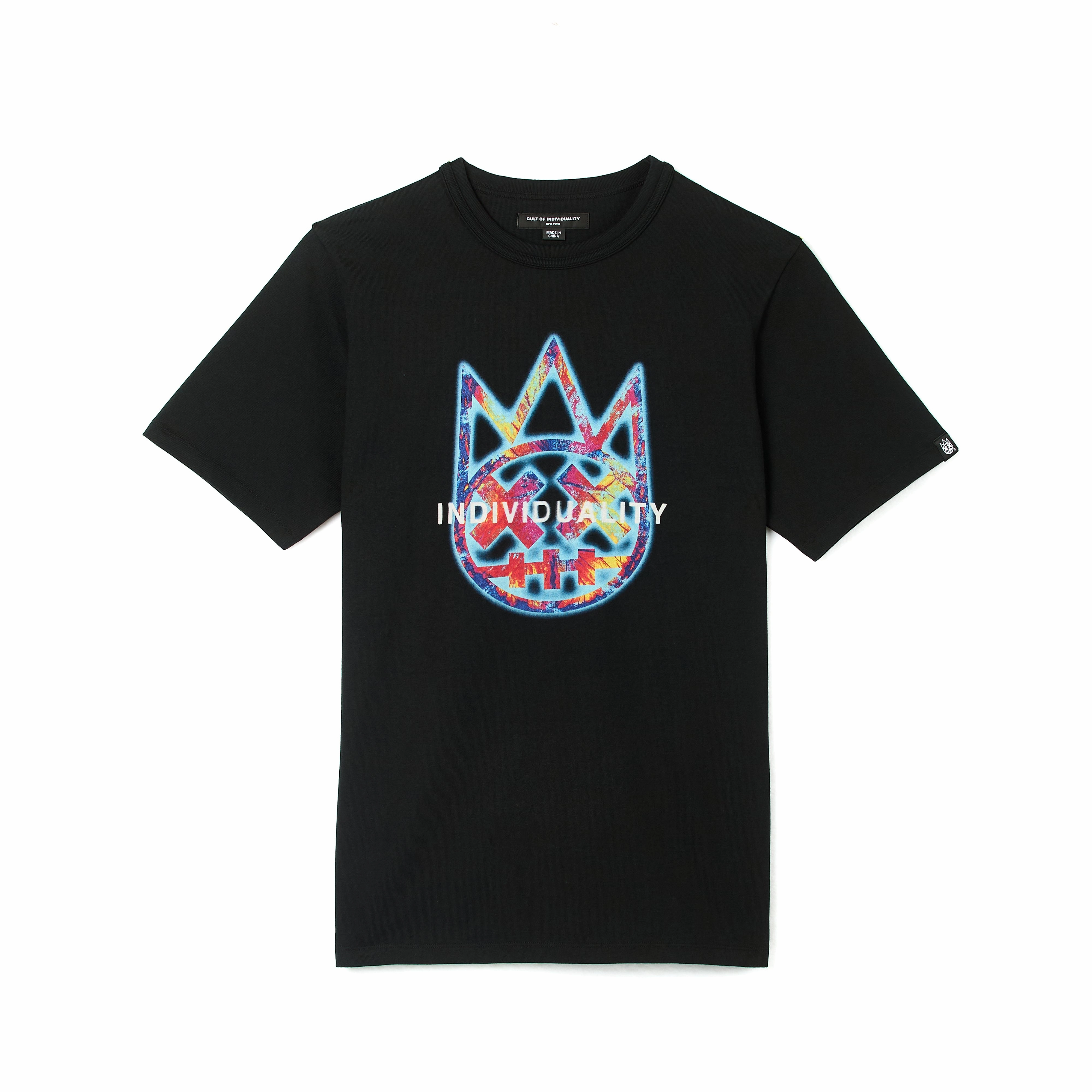 Cult's Short Sleeve Crew Neck Tee "Tye Dye Shimuchan Logo" in Pirate Black City Fashion Look