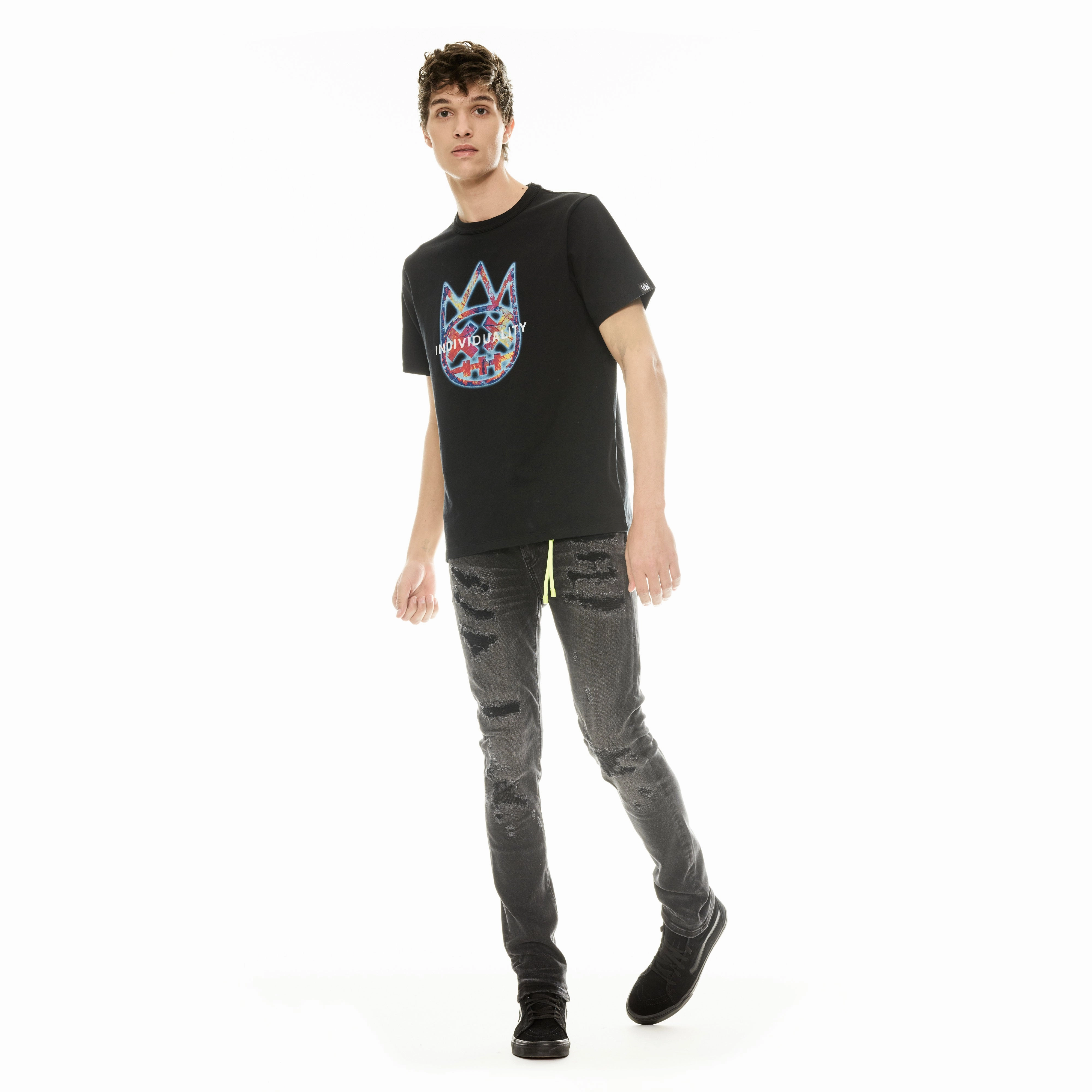 SoftTouchFinish Cult's Short Sleeve Crew Neck Tee "Tye Dye Shimuchan Logo" in Pirate Black