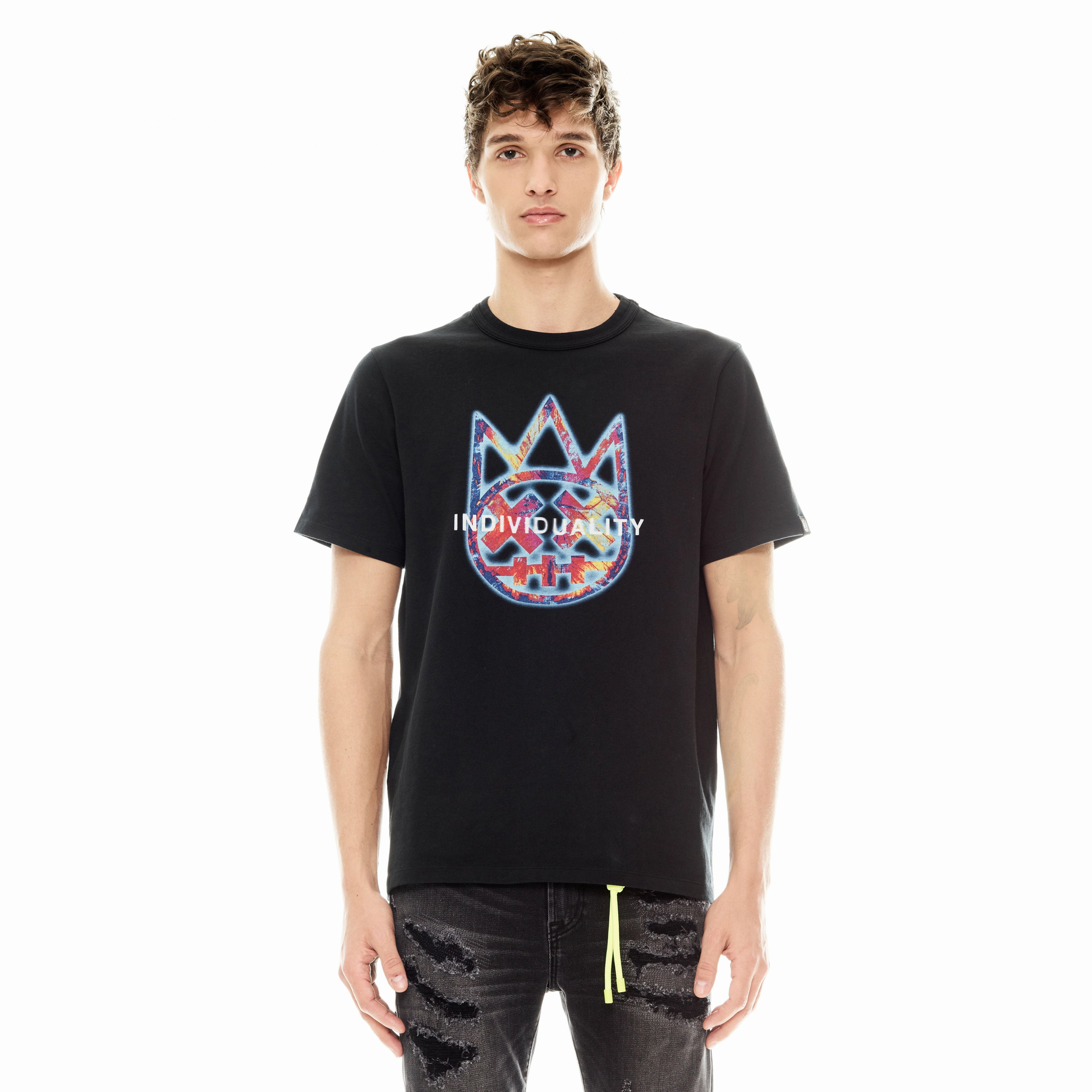 Cult's Short Sleeve Crew Neck Tee "Tye Dye Shimuchan Logo" in Pirate Black Snag Resistant Surface