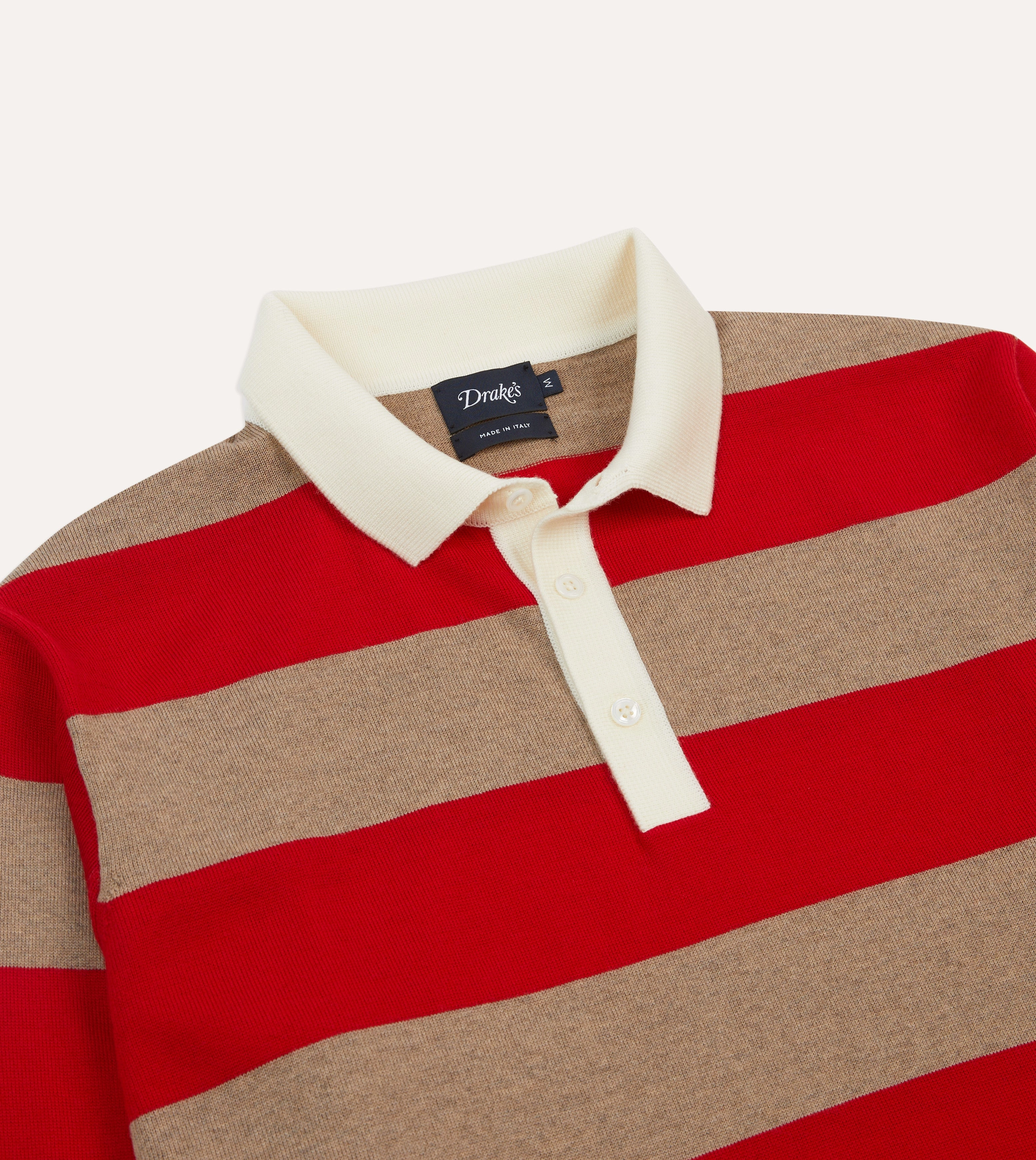 Red and Tan Block Stripe Knitted Rugby Shirt Sheer Panel