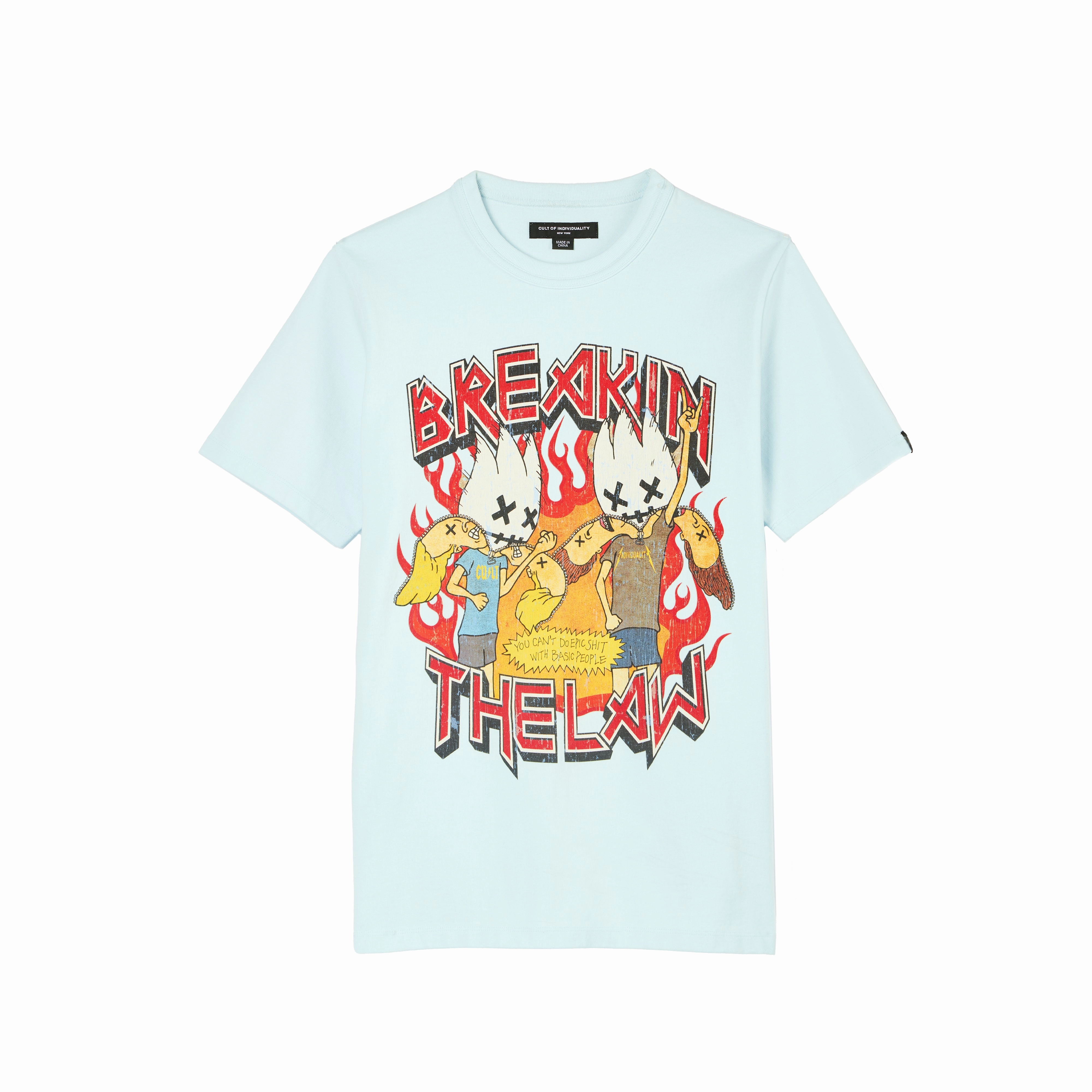 Outdoor Sports Cult's Heavyweight Short Sleeve Crew Neck Tee "Breaking The Law" in Powder Blue