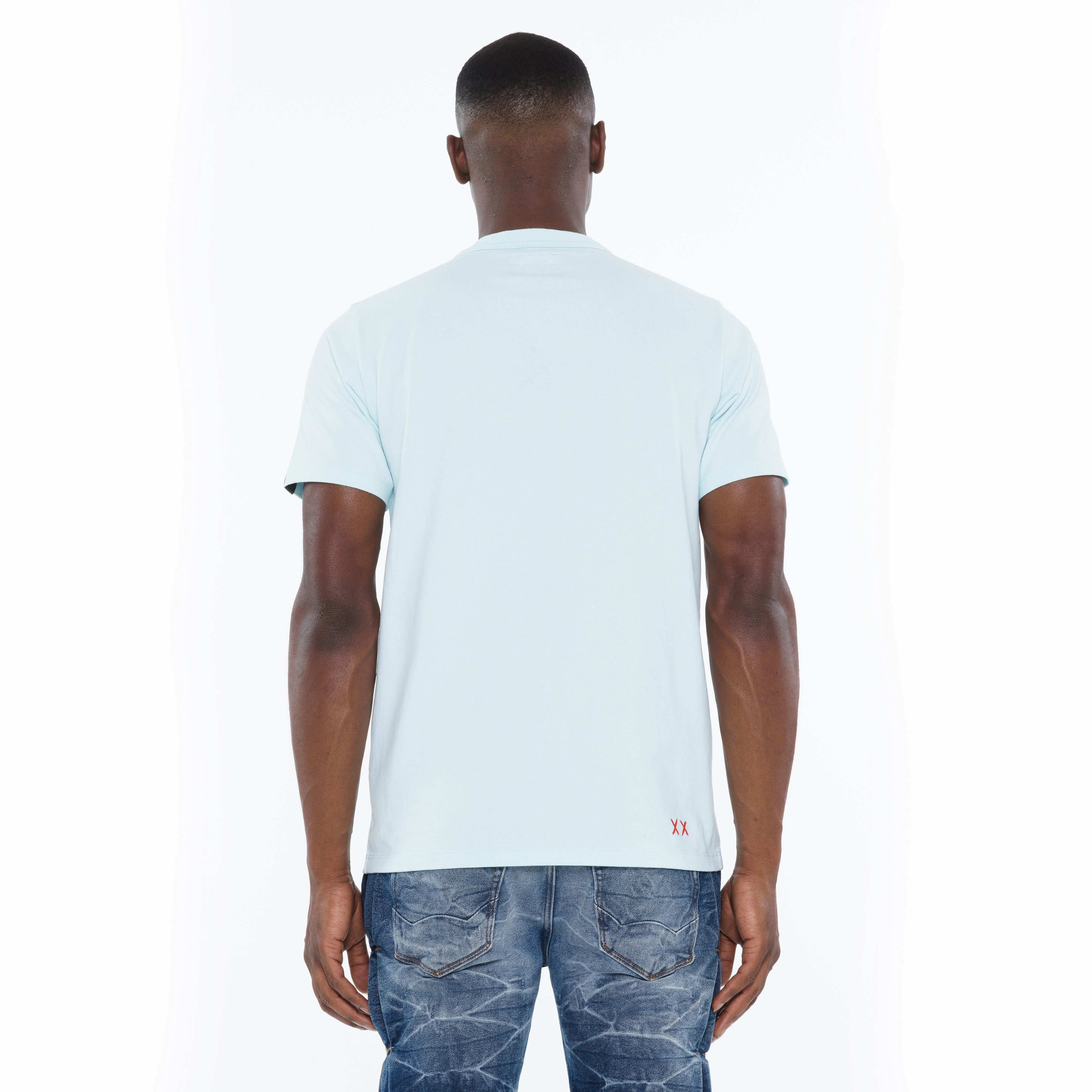 Cult's Heavyweight Short Sleeve Crew Neck Tee "Breaking The Law" in Powder Blue No Shrink Fabric