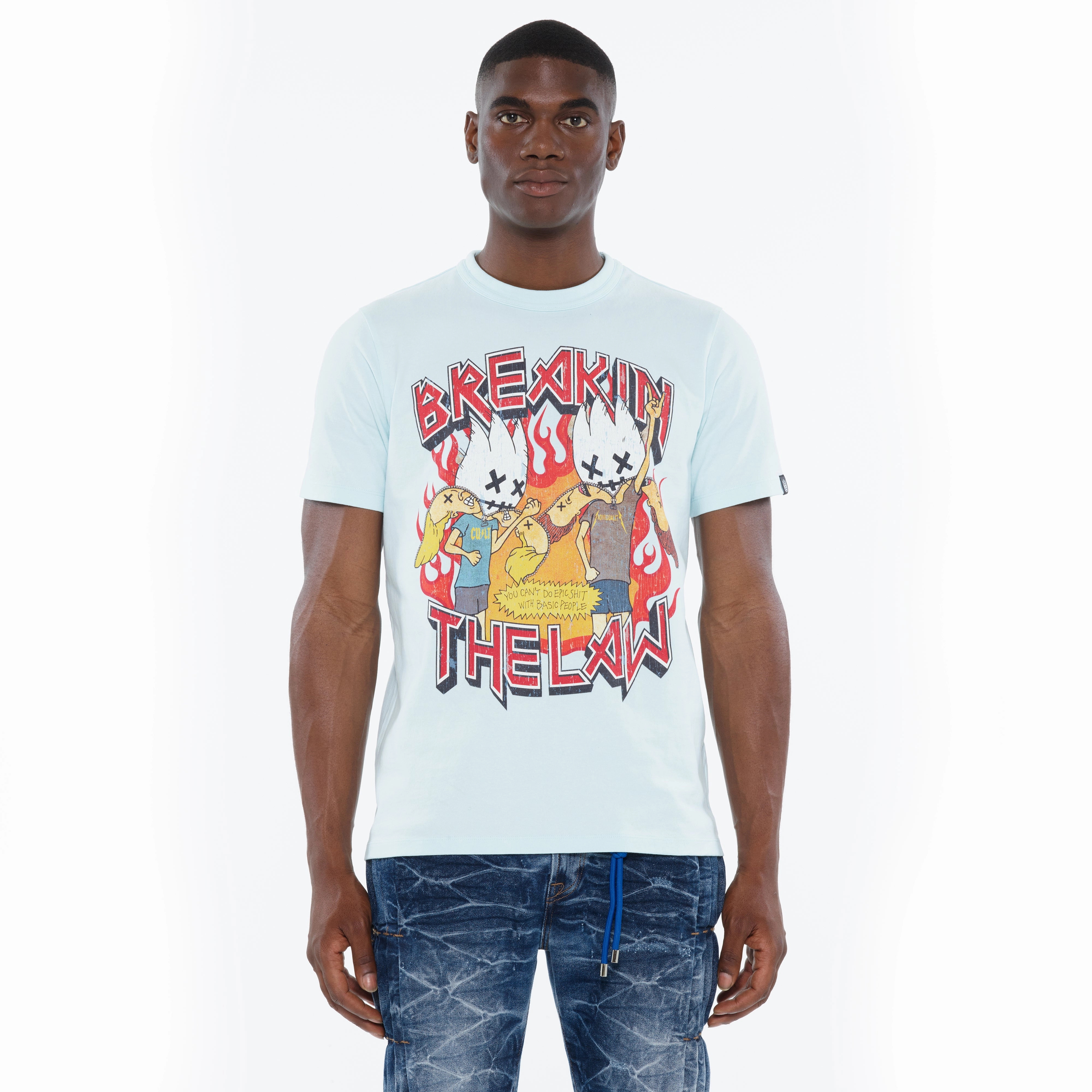 Hypoallergenic Textile Cult's Heavyweight Short Sleeve Crew Neck Tee "Breaking The Law" in Powder Blue