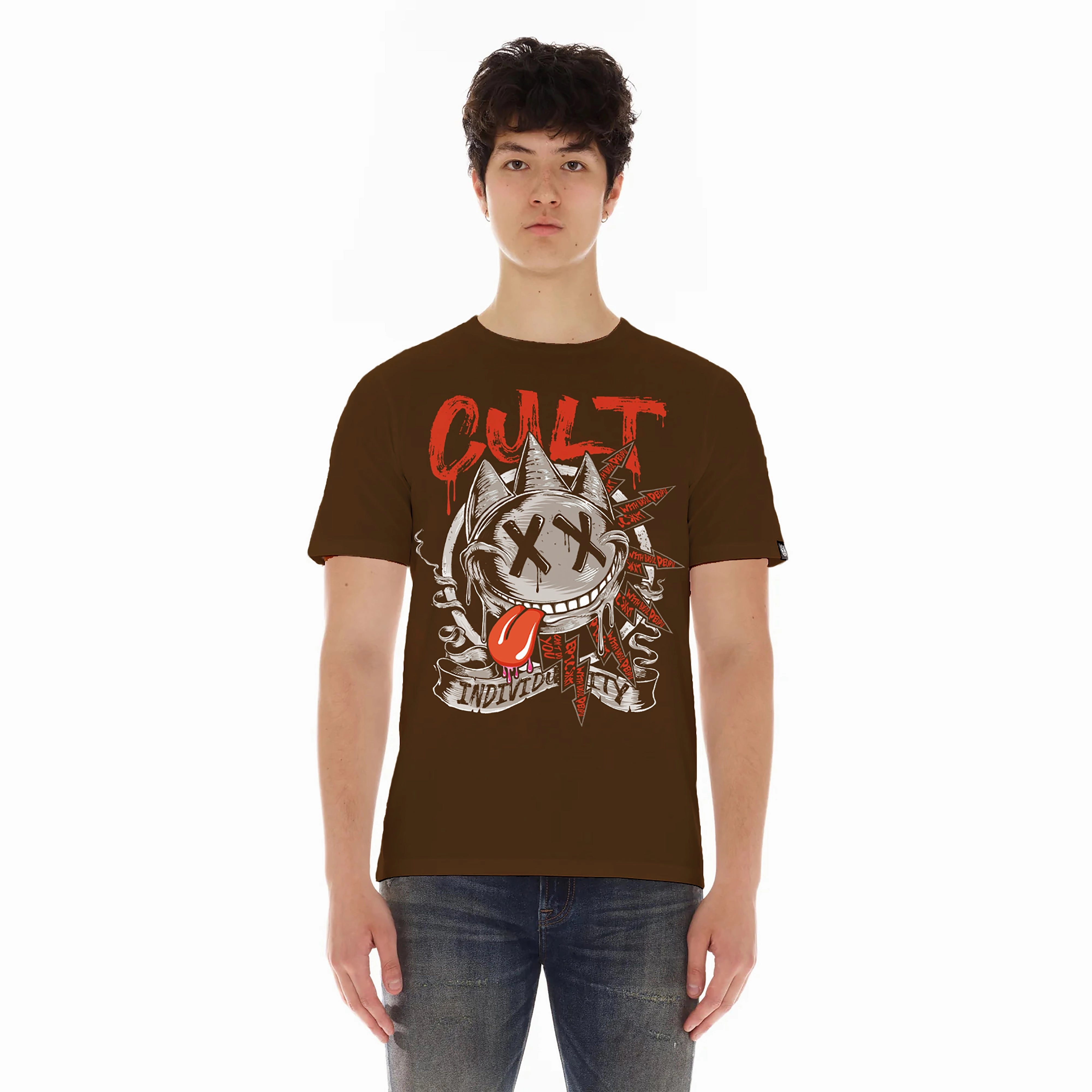 Cult's Short Sleeve Crew Neck Tee "Zany Face" in Brown Soft and breathable Easy Wear Style