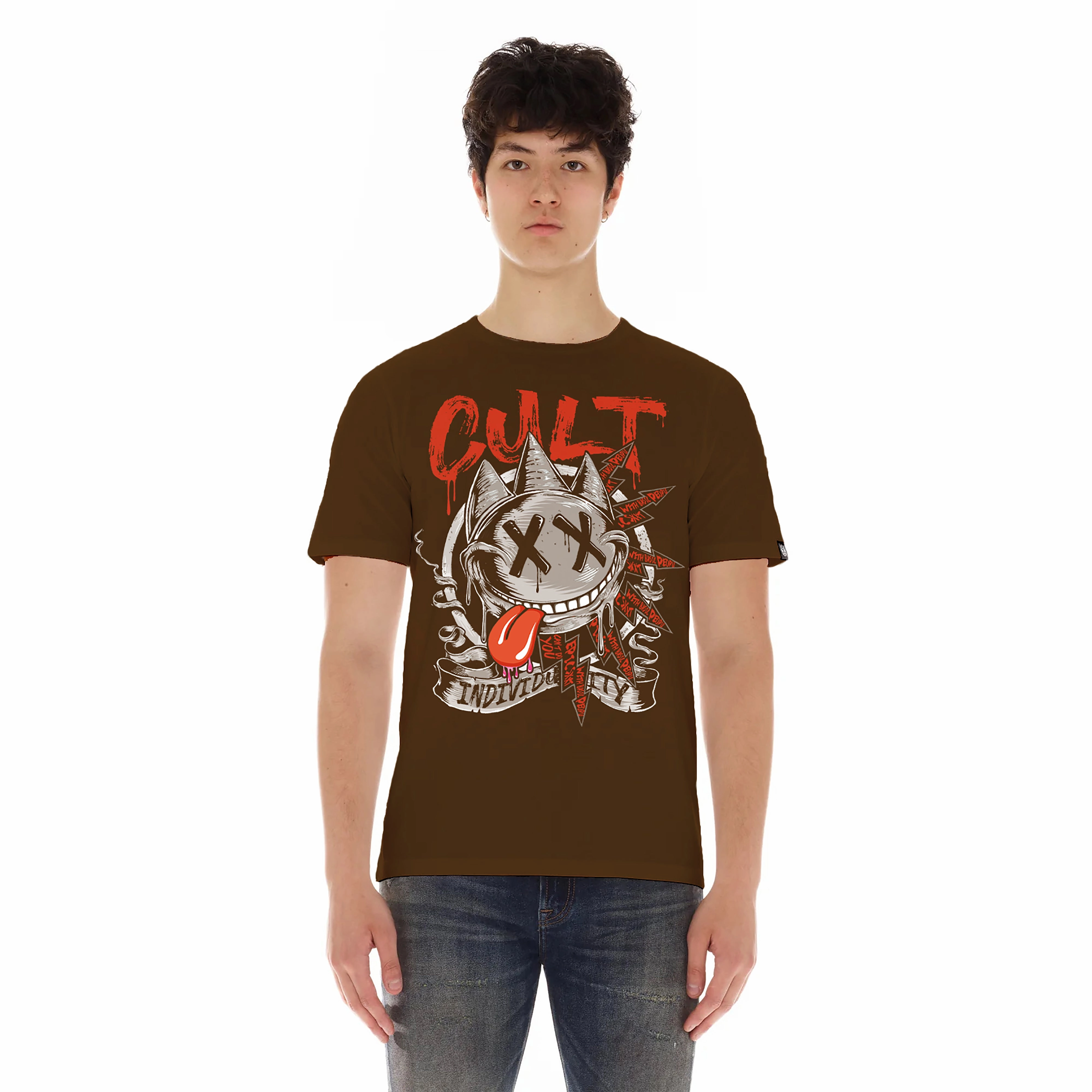 Cult's Short Sleeve Crew Neck Tee "Zany Face" in Brown Summer Fashion Cool and Relaxed