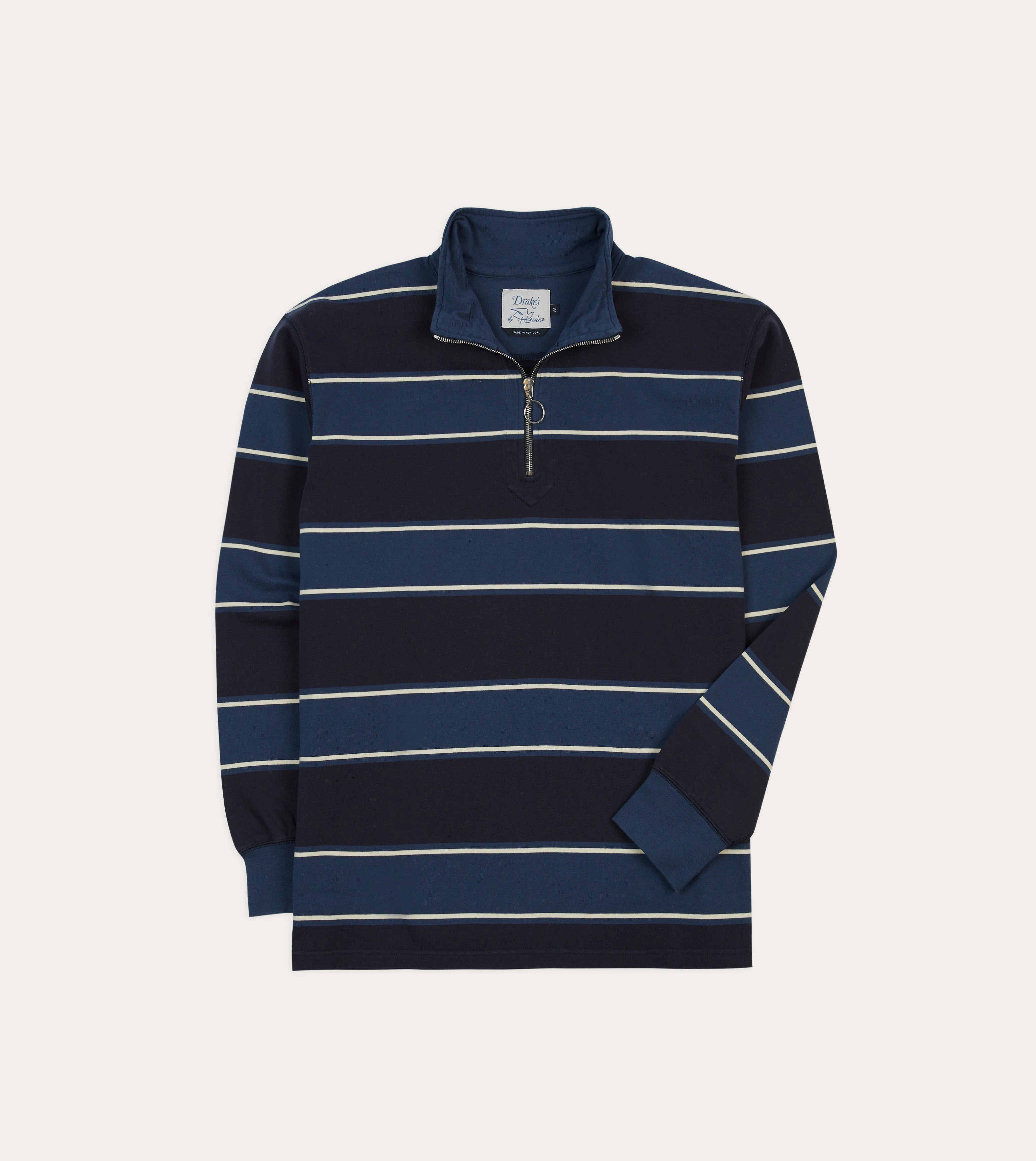 Drake's by A. Levine Navy Stripe Cotton Quarter Zip Rugby Shirt Non Chafe Seams Interview Ready