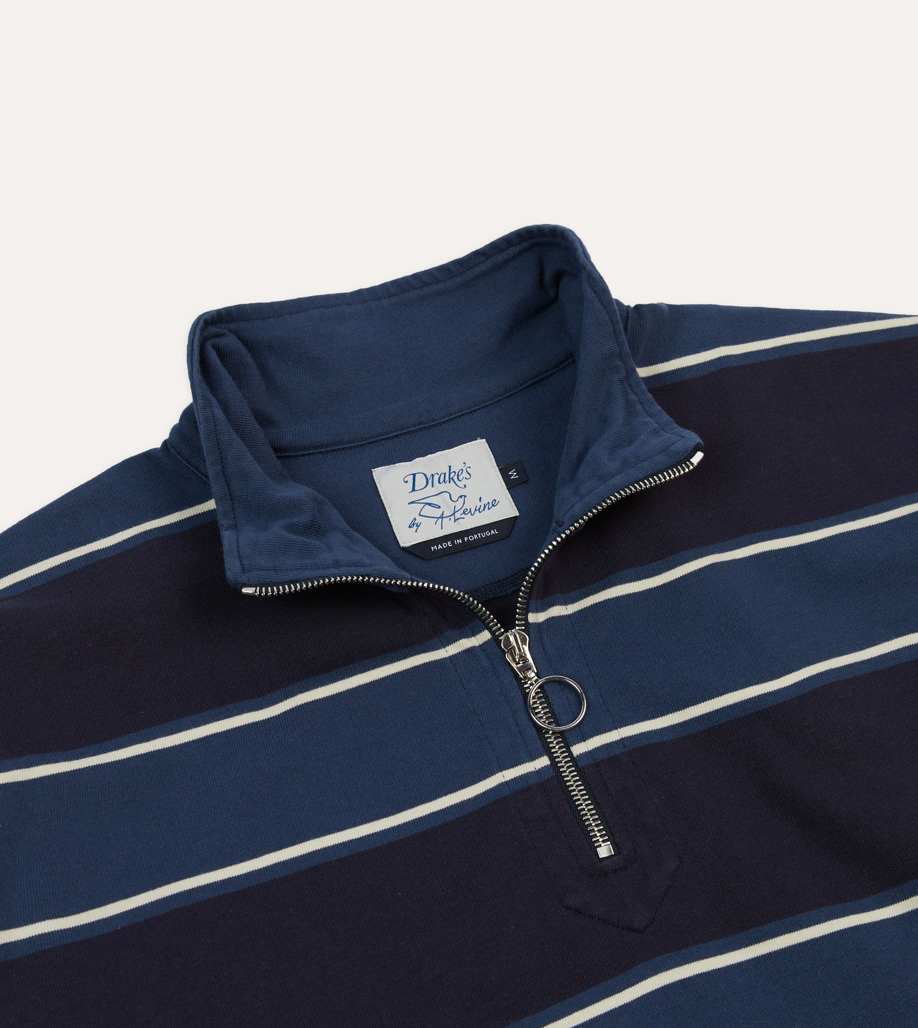 Drake's by A. Levine Navy Stripe Cotton Quarter Zip Rugby Shirt tailored look Workwear Essential