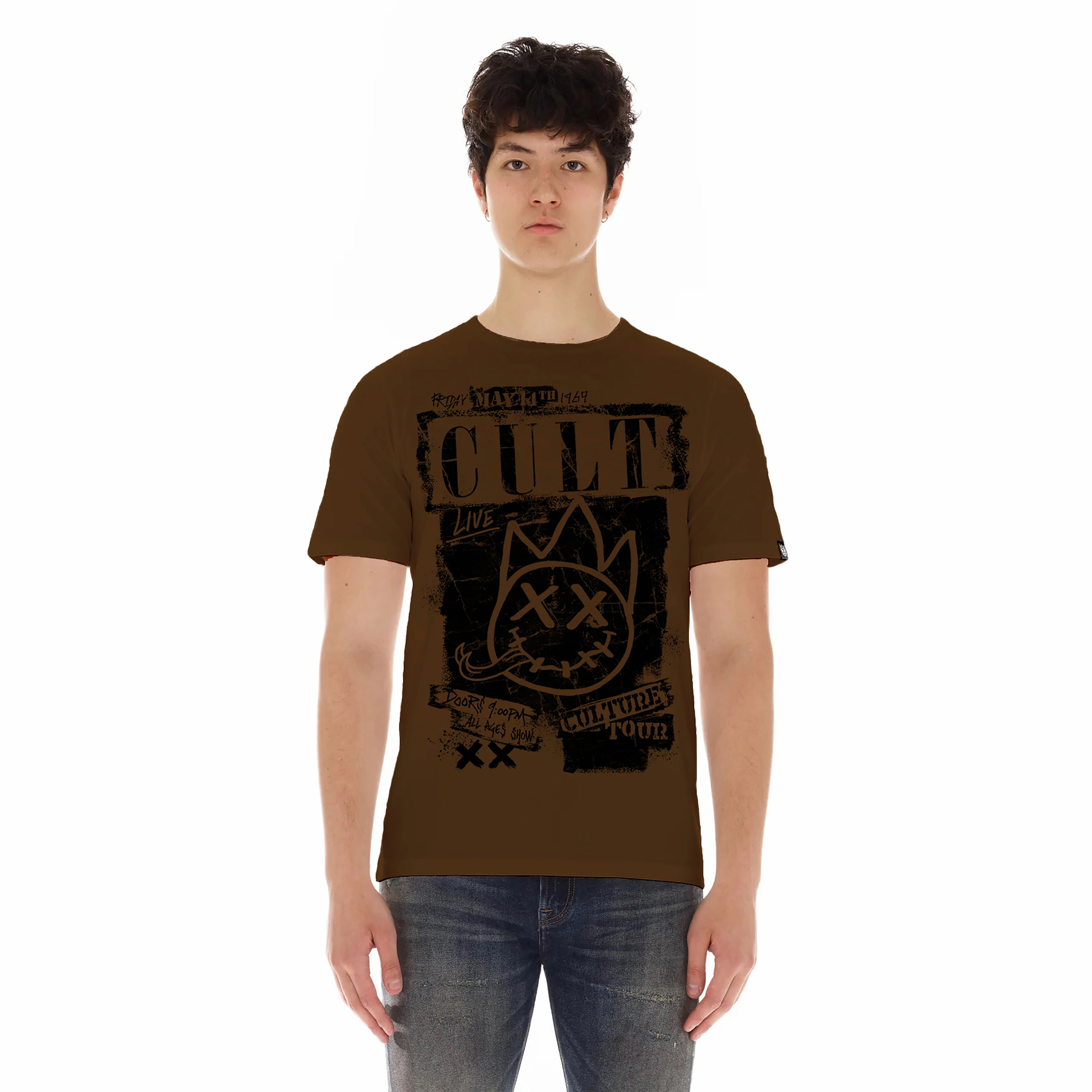 Soft Finish Cult's Short Sleeve Crew Neck Tee "Cult Tour" in Brown