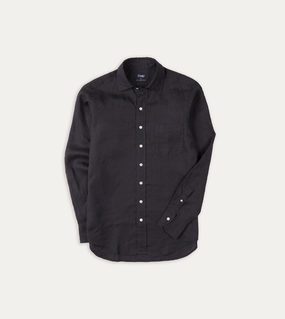 Checkered Print Dark Navy Linen Spread Collar Shirt