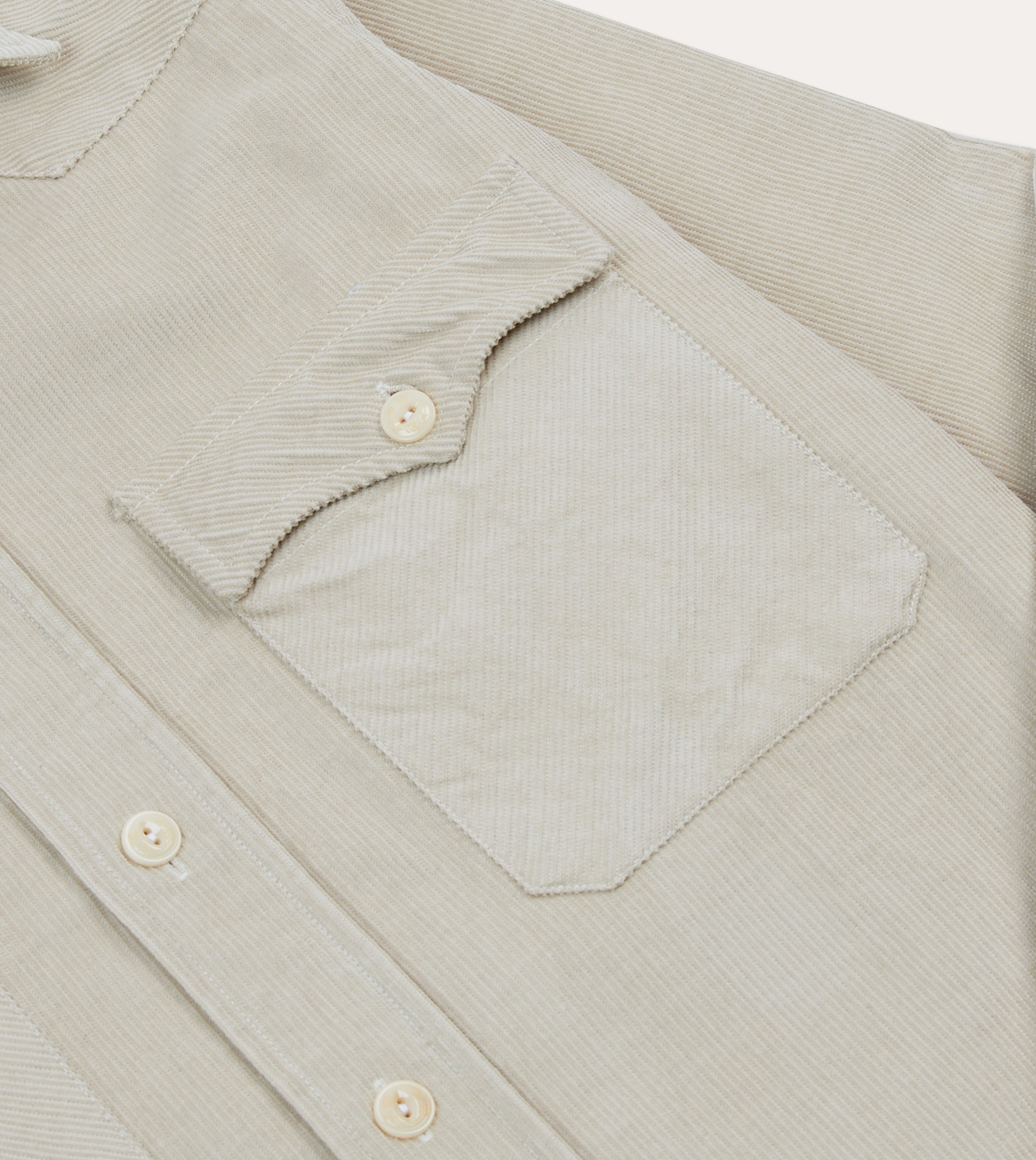 Reinforced Collar Ecru Corduroy Two-Pocket Western Shirt