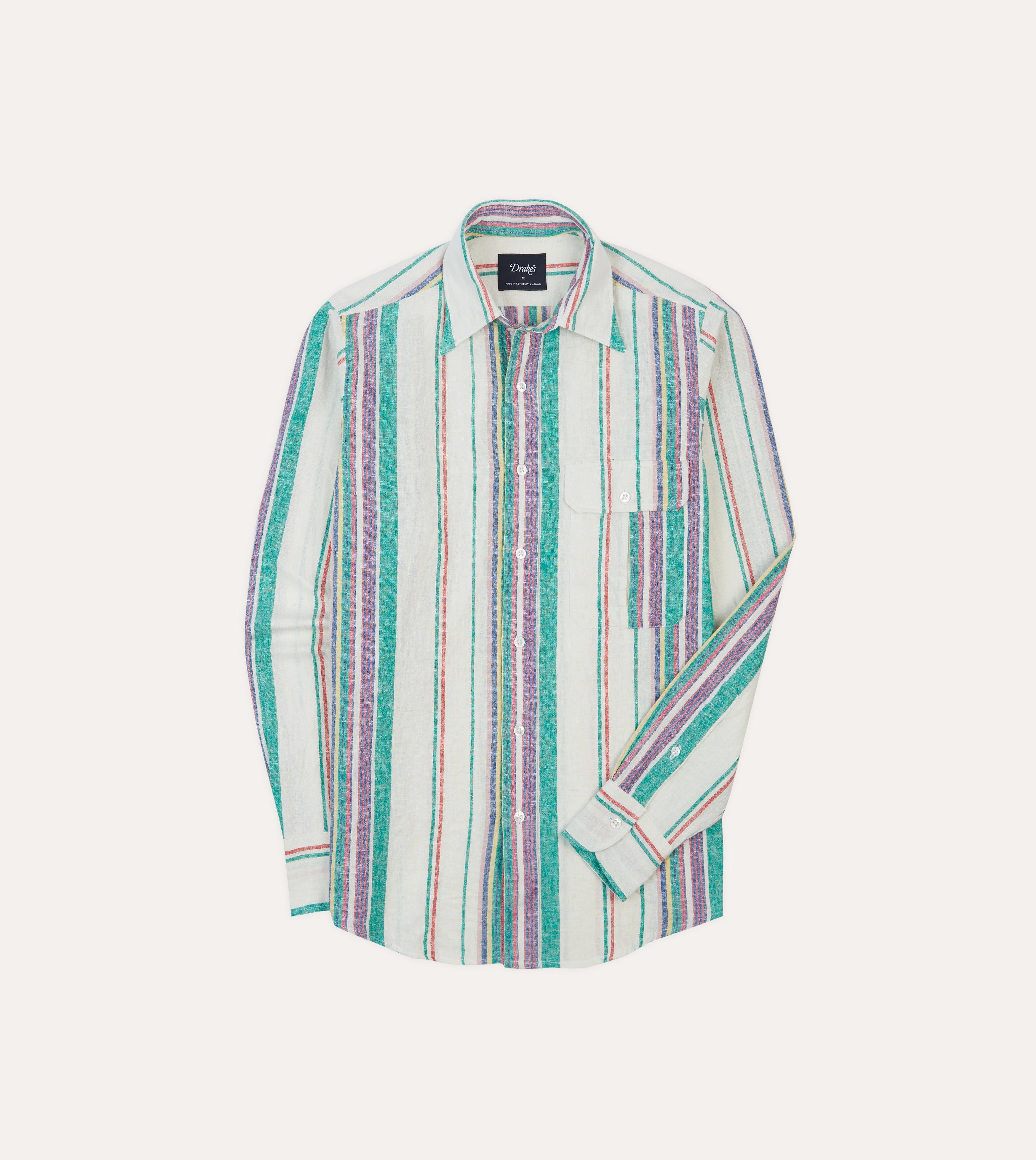 Metallic Finish All-day Comfort Ecru, Purple and Green Stripe Linen-Cotton Long Point Collar Shirt