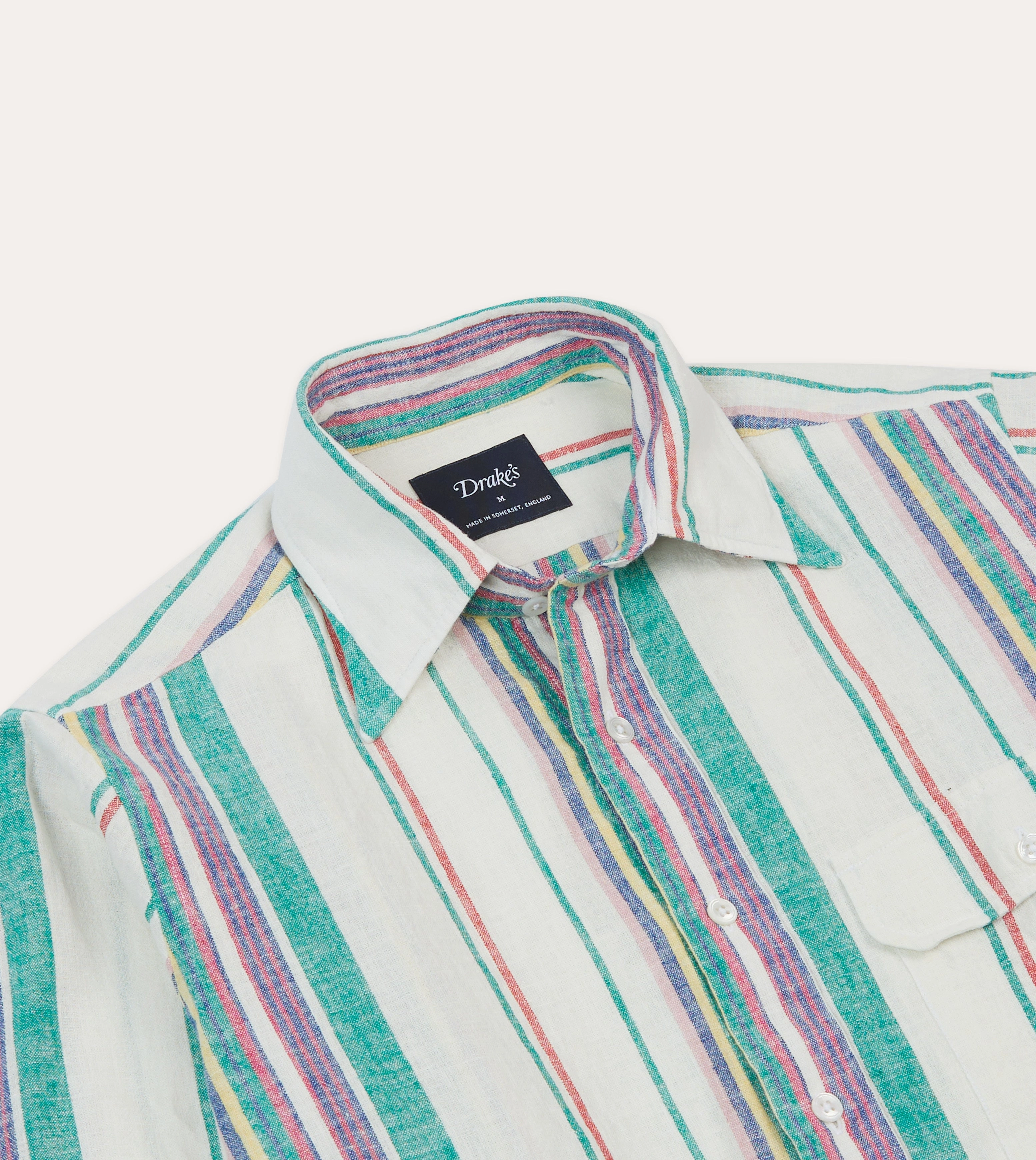 Ecru, Purple and Green Stripe Linen-Cotton Long Point Collar Shirt Premium Fabric