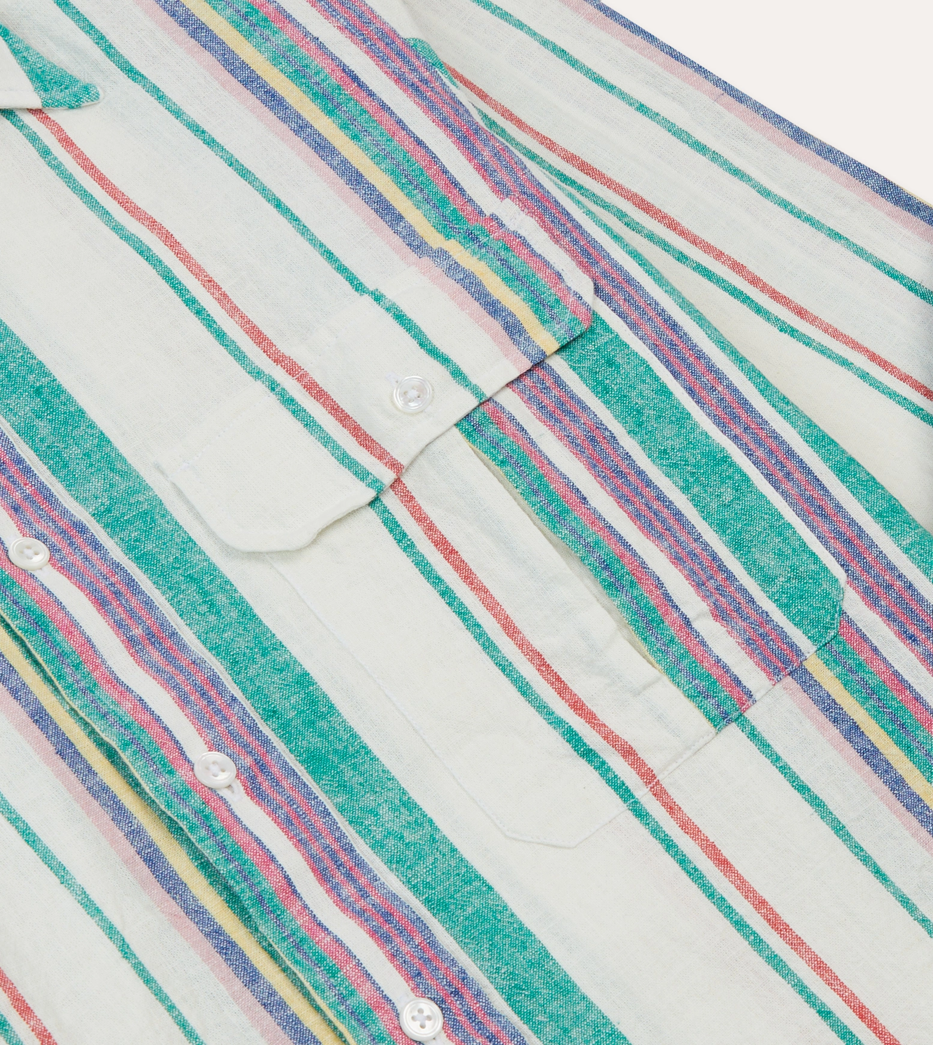 Ecru, Purple and Green Stripe Linen-Cotton Long Point Collar Shirt Chic Ensemble