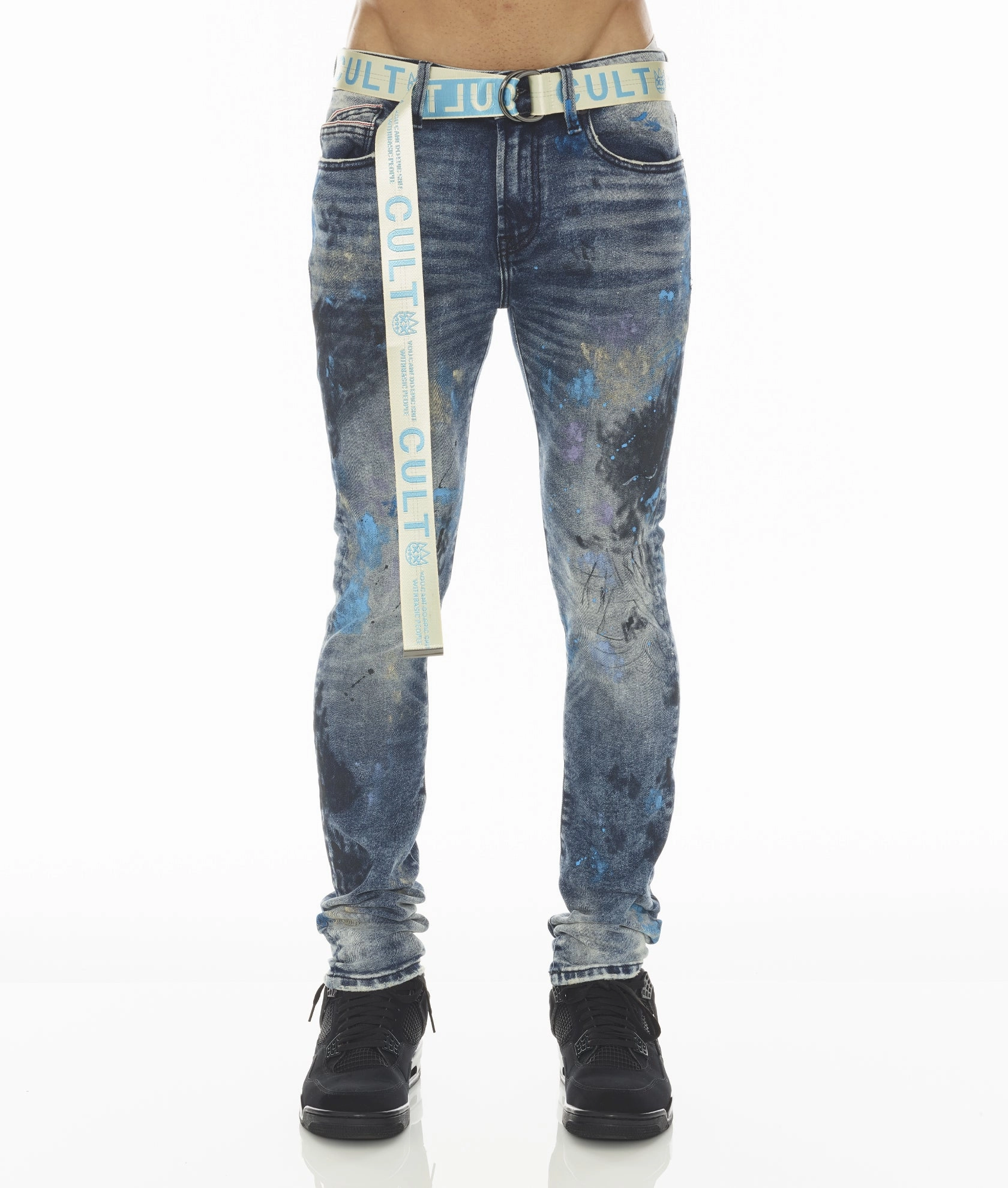 Trend Setter Smart Casual Classic Wear PUNK SUPER SKINNY STRETCH w/BABY BLUE BELT IN ABSTRACT