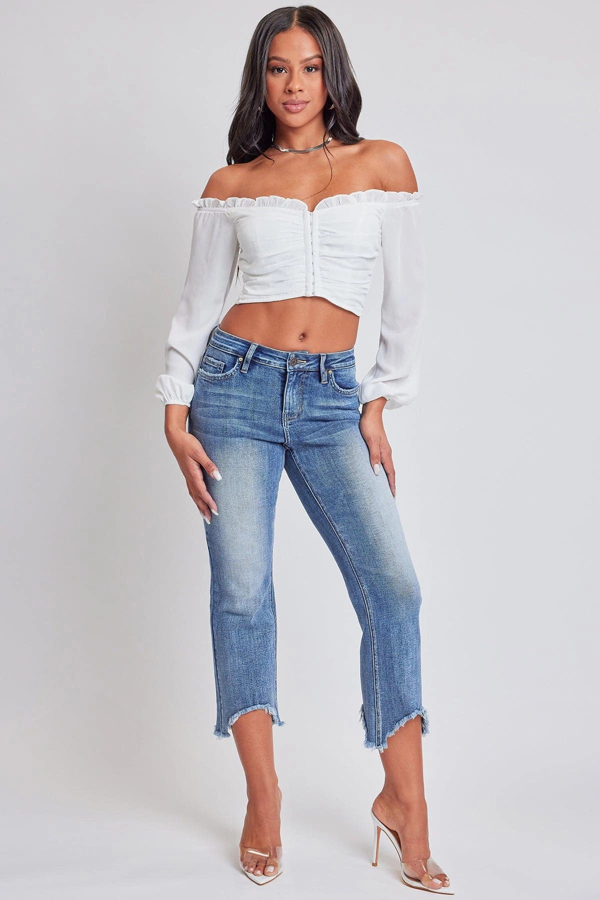 Women's Mid Rise Kick Flare Fray Hem Cropped Jeans High-Quality Fabric