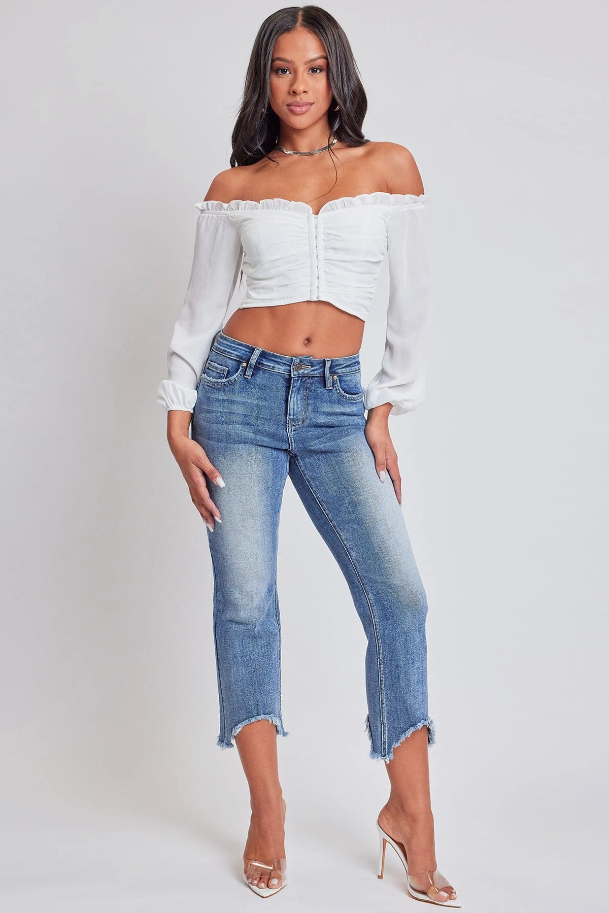 Textured Party Look Soft Music Event Smooth Casual Women's Mid Rise Kick Flare Fray Hem Cropped Jeans