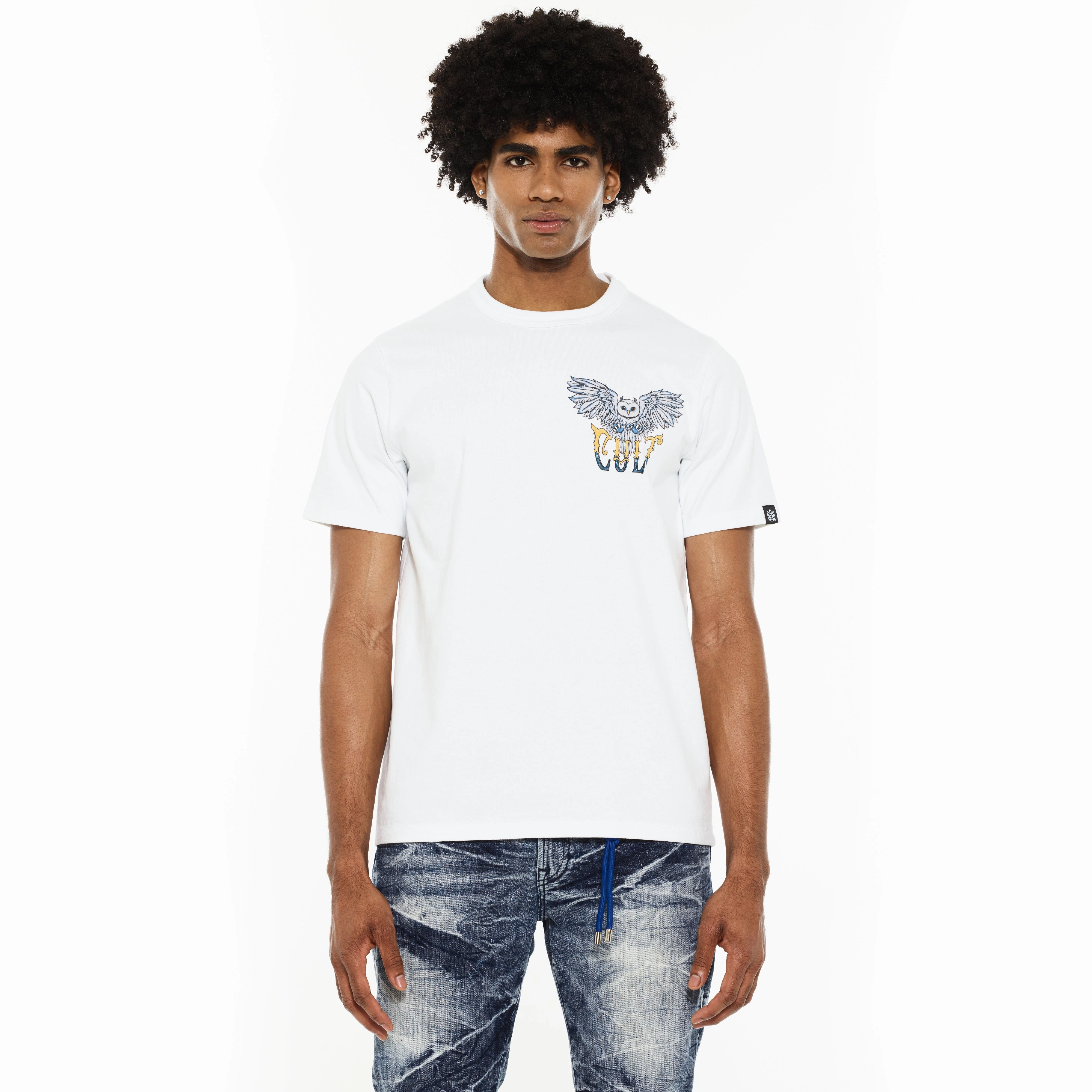 No Slip Shoulder Design Casual Choice Wear Cult's Heavyweight Short Sleeve Crew Neck Tee "Owl" in White