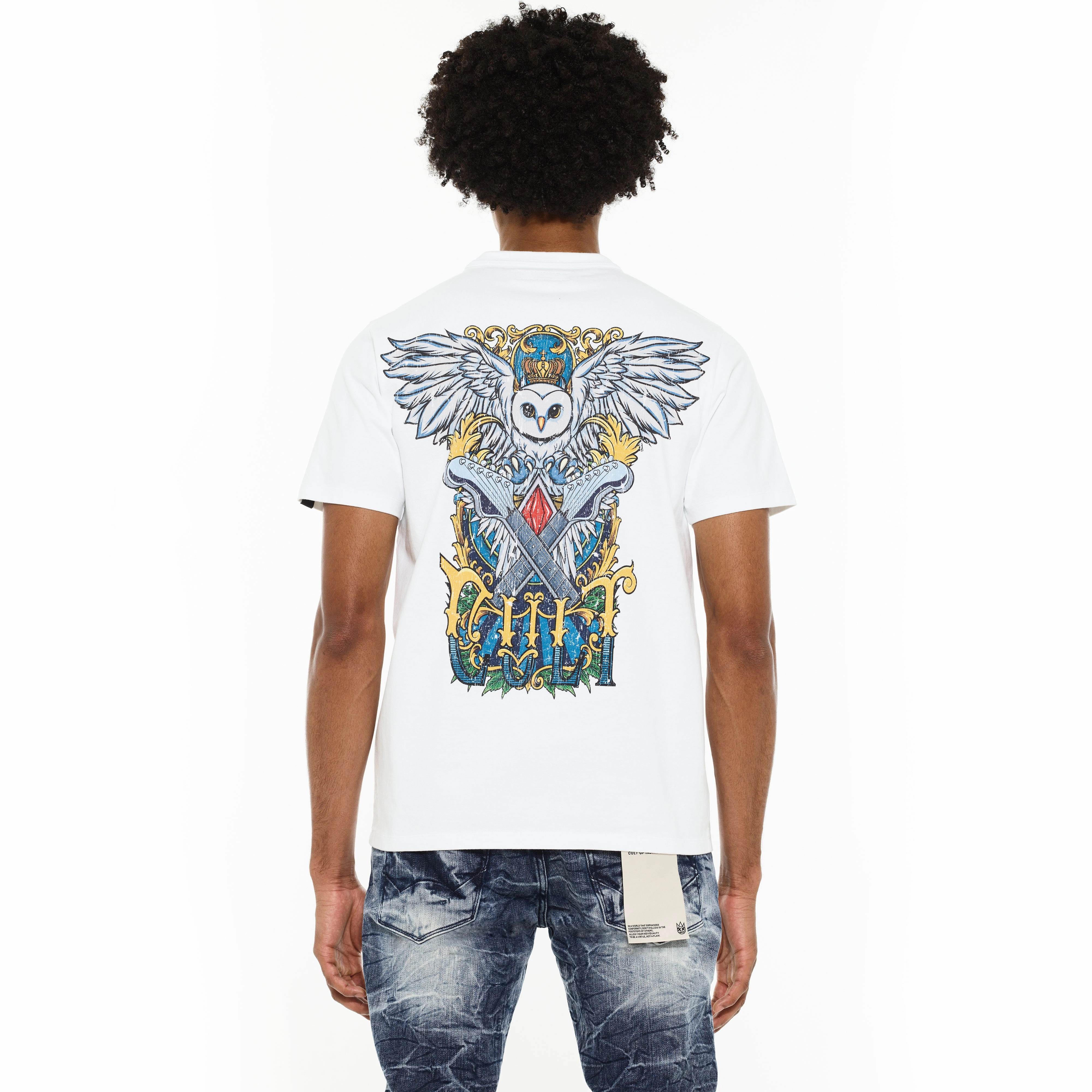 Pocket Detailing Cult's Heavyweight Short Sleeve Crew Neck Tee "Owl" in White