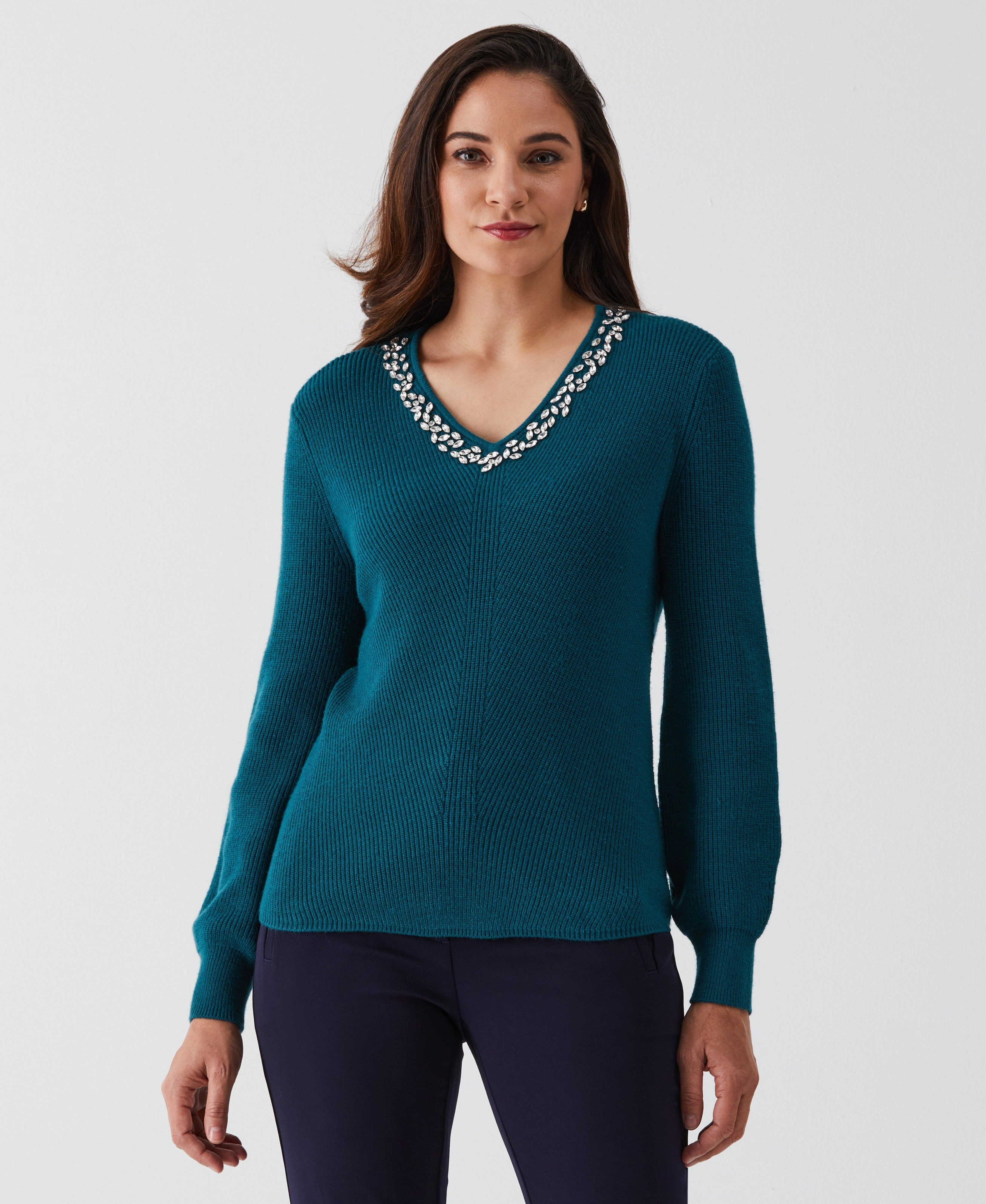 Embellished V-Neck Sweater Cozy Fit