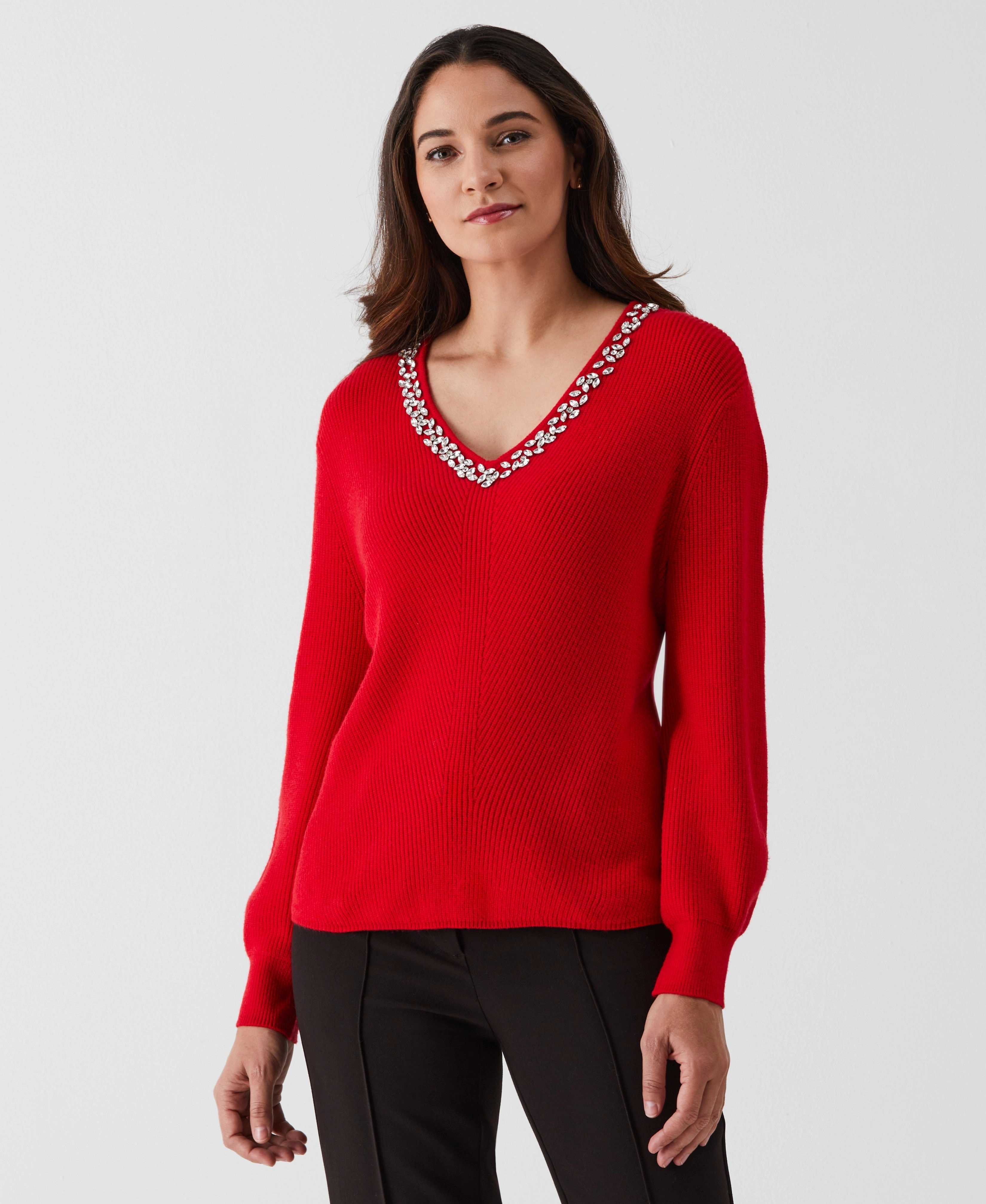 Stretchable Fabric Lightweight Comfort Embellished V-Neck Sweater