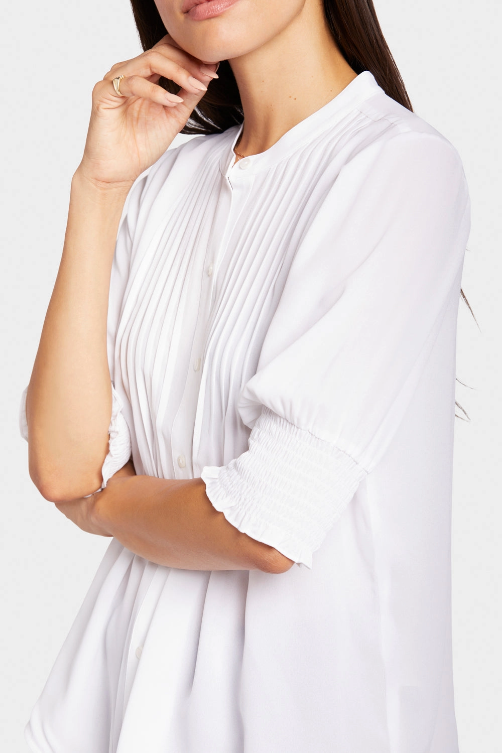 Embellished Neckline Pleated Short Sleeved Blouse - Optic White