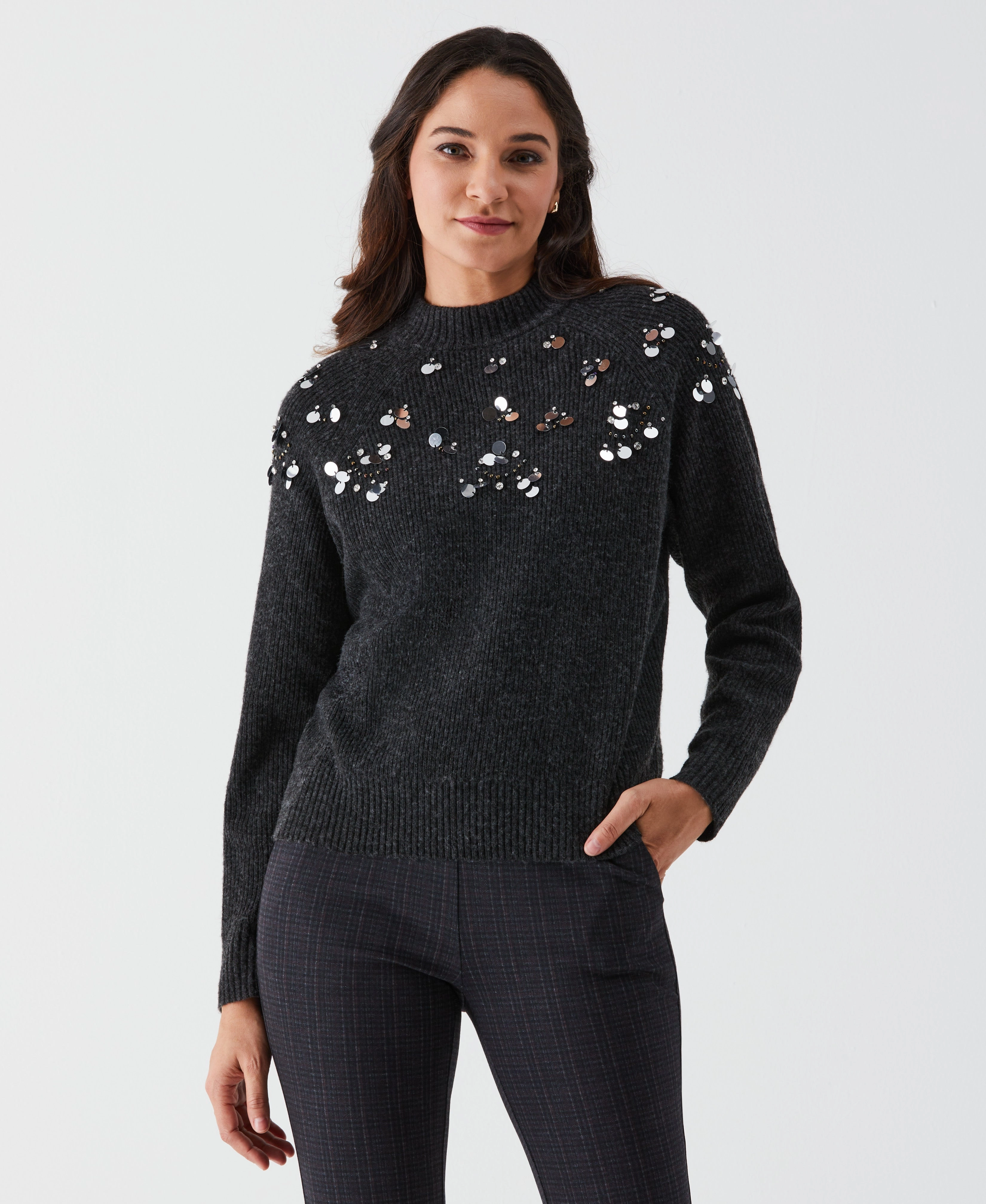 Chill Vibes Seasonal Layers Embellished Mock Neck Sweater