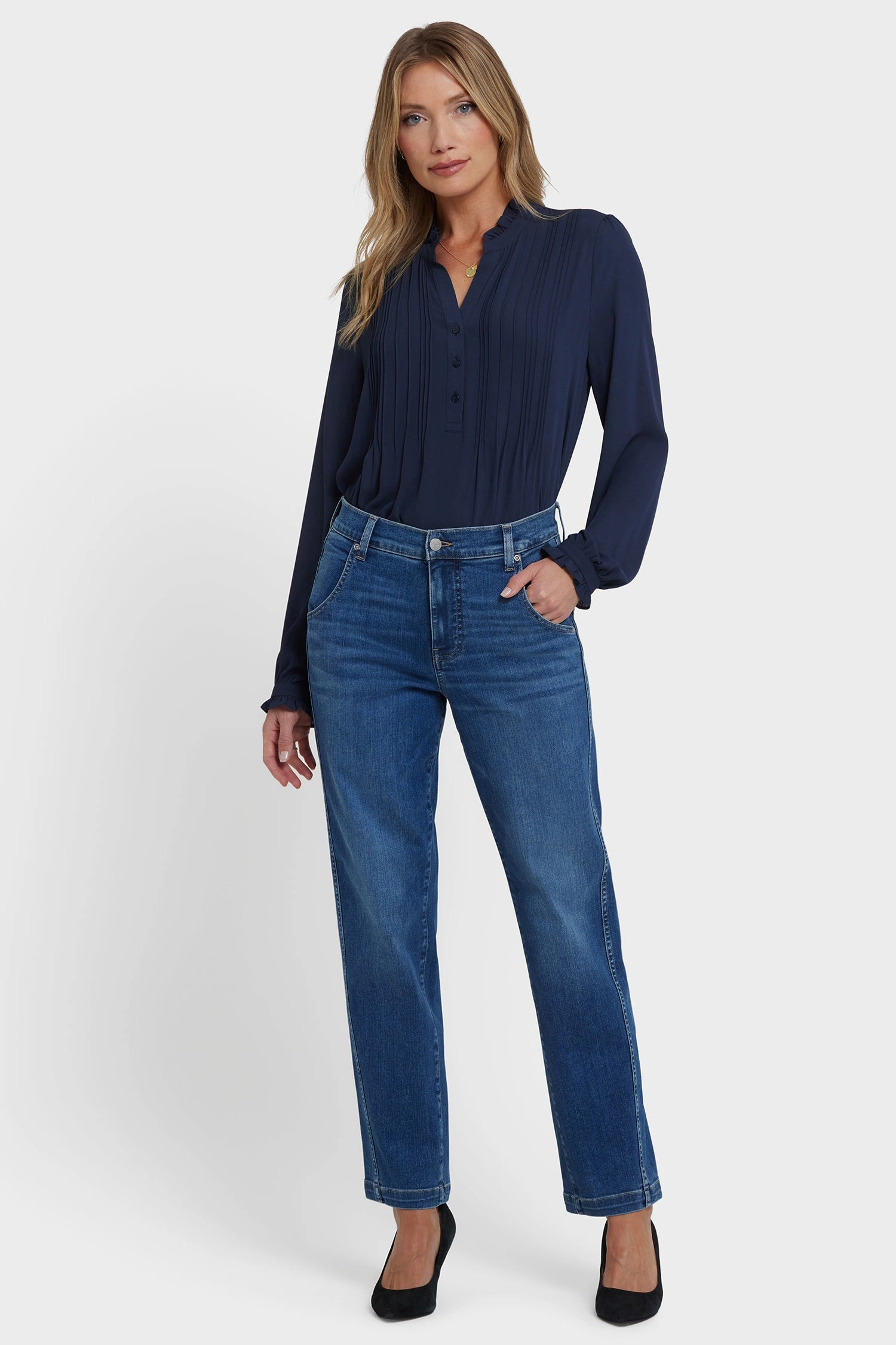 Brooke Loose Straight Jeans In Petite - Opera Blue Workday Outfit