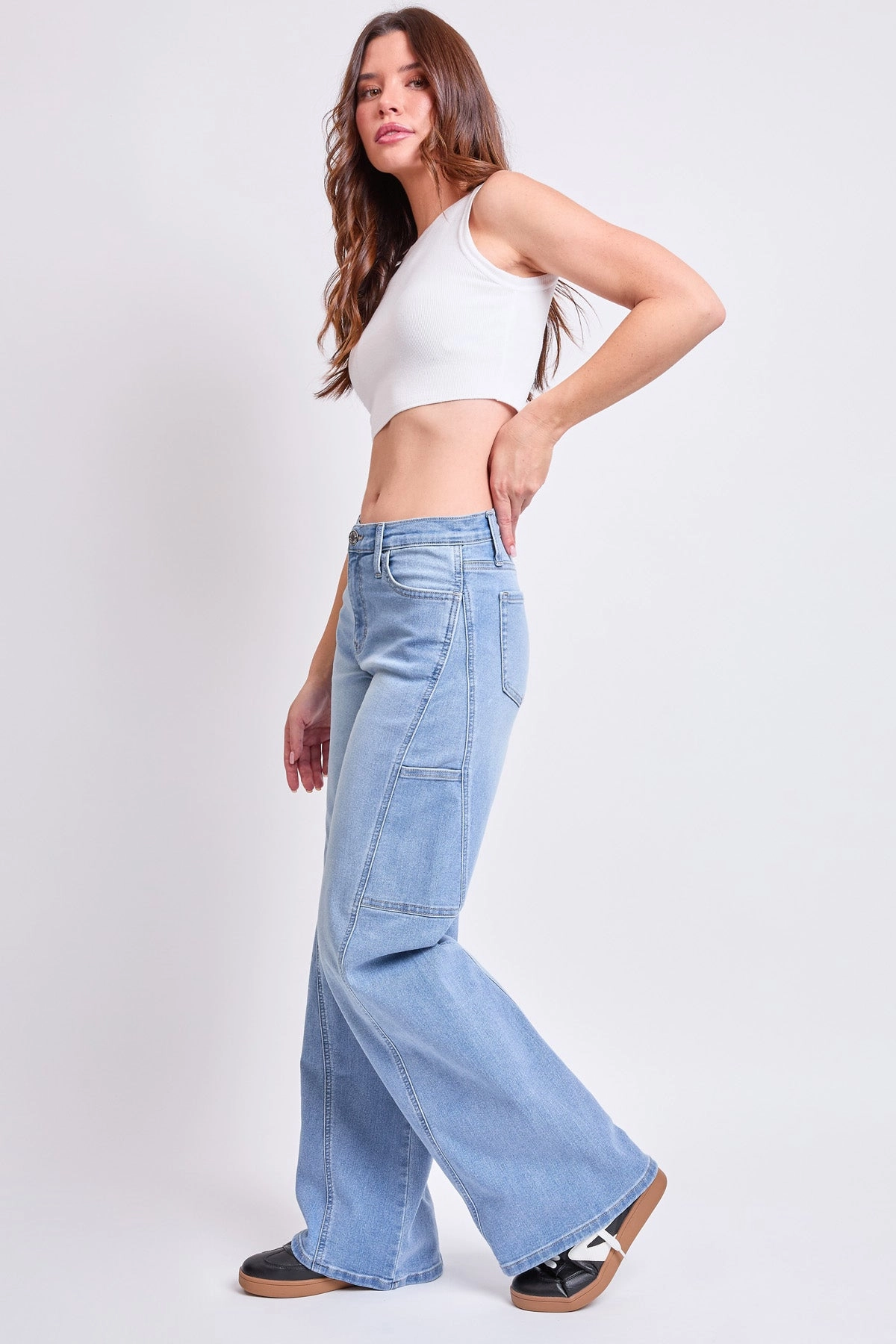 Women's High Rise Wide Leg Cargo Jeans Non Restrictive Cut Balanced Piece