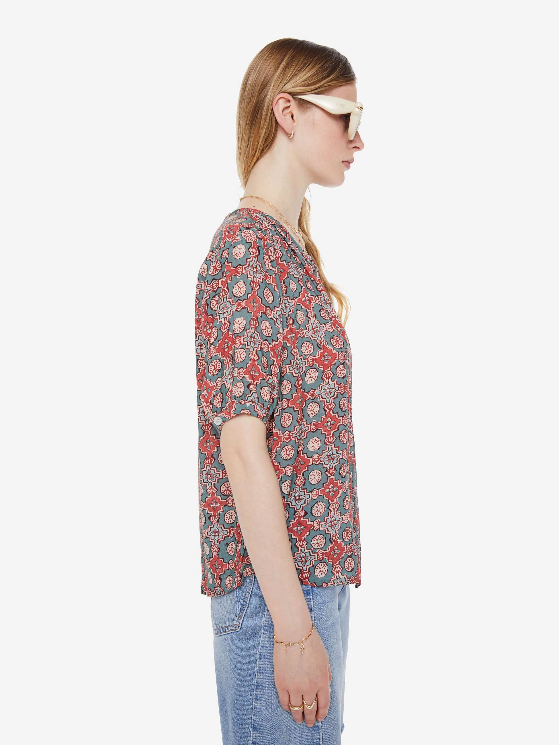 Natalie Martin Violet Top - Spanish Tile Jade Unstructured Shoulder Bold Print