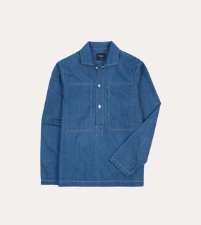 Sustainable Weave Blue Denim Spread Collar Popover Shirt