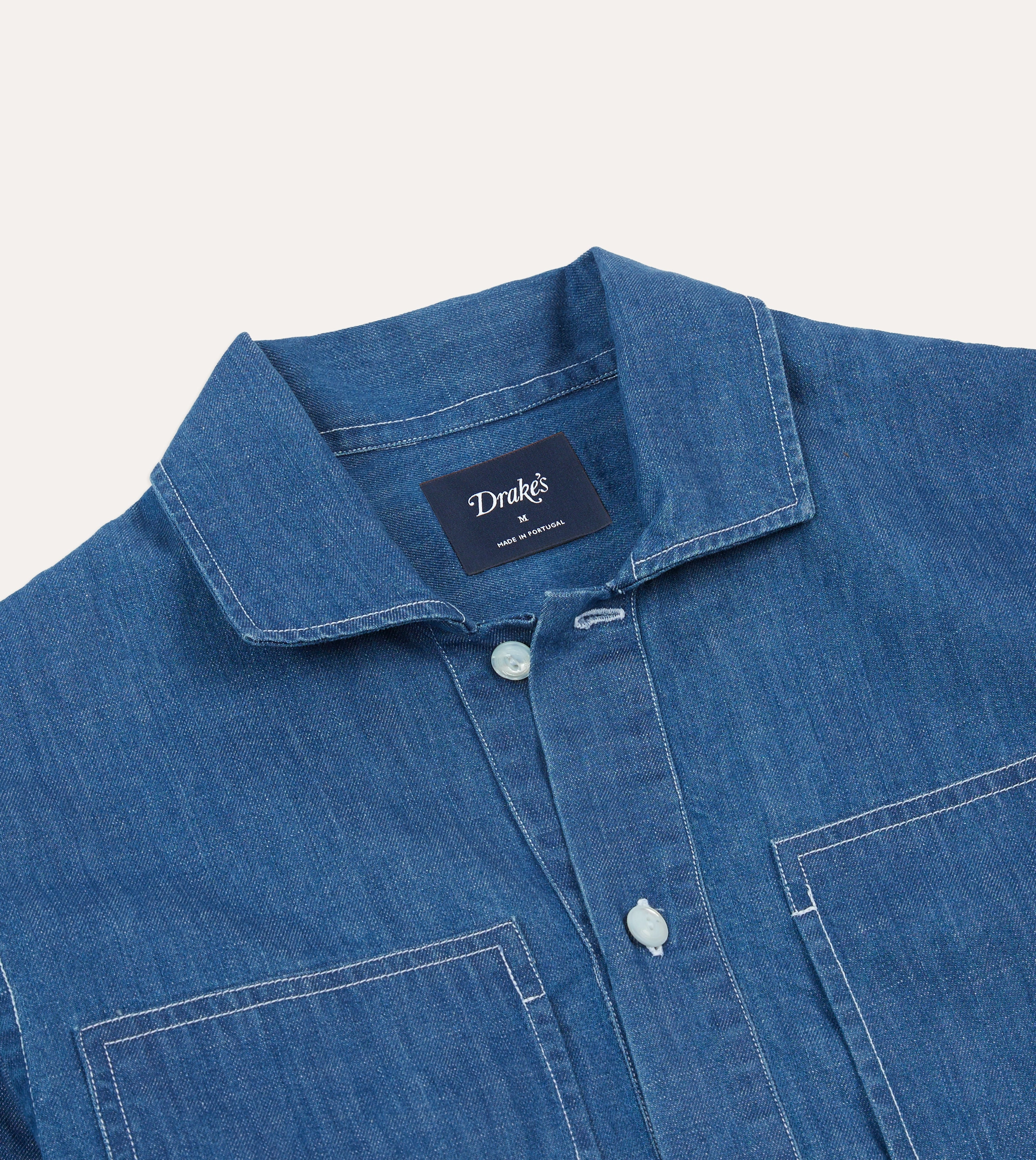 Blue Denim Spread Collar Popover Shirt Lightweight Layer Shimmer Effect