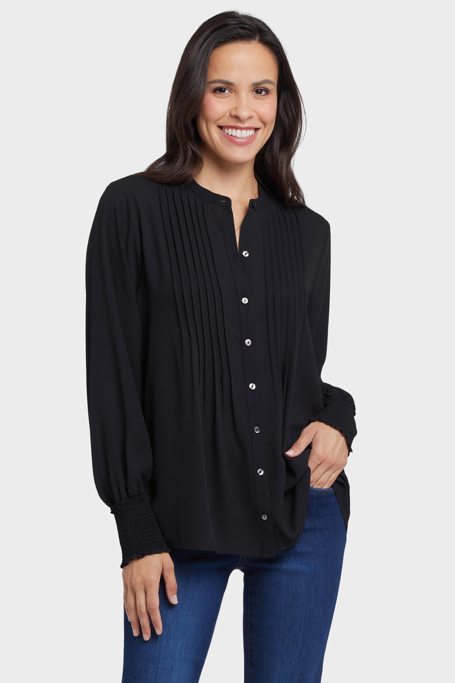 Pleated Peasant Blouse - Black Neutral Toned Stitching