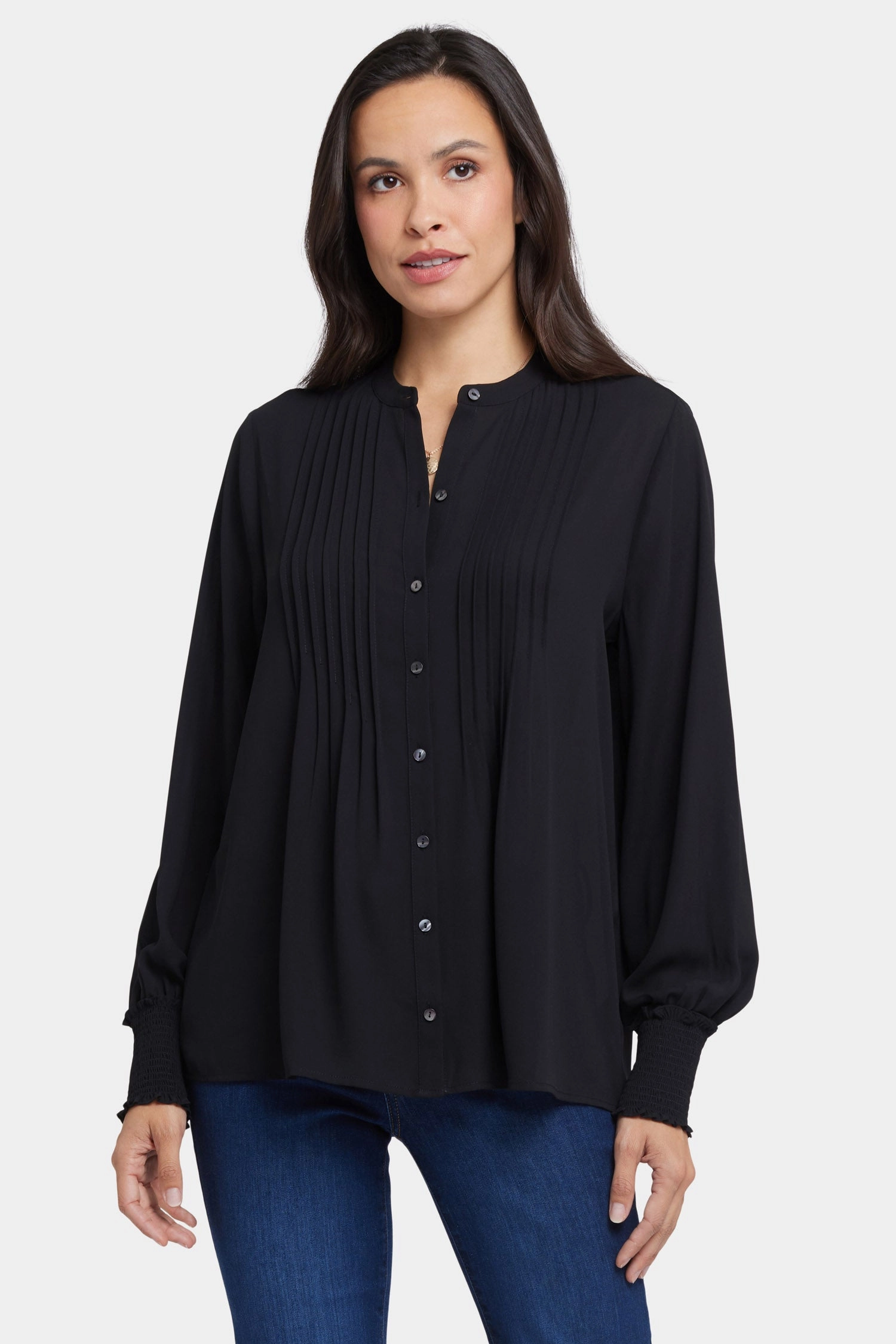 Breathable Material Pleated Peasant Blouse - Black