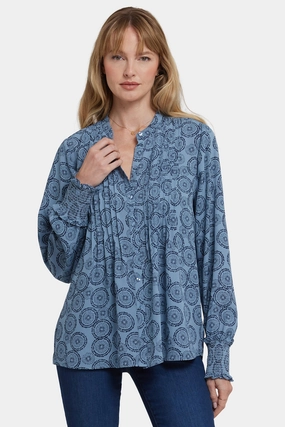 Sheer Panel Pleated Peasant Blouse - Rain Garden