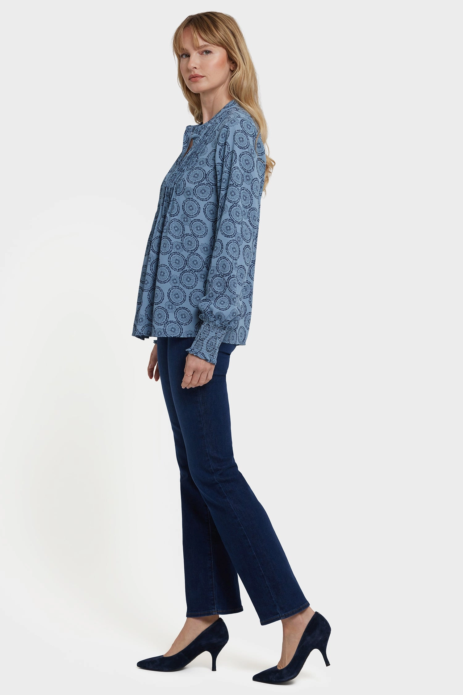 Long Sleeve Pleated Peasant Blouse - Rain Garden