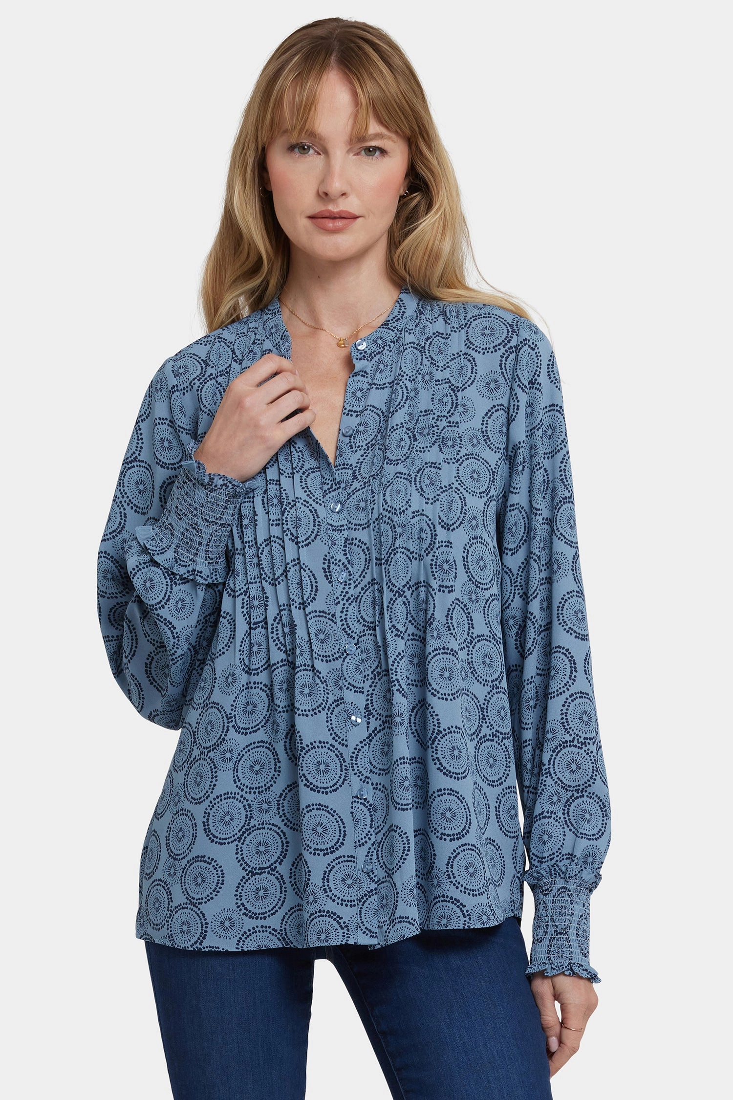 Sheer Panel Pleated Peasant Blouse - Rain Garden