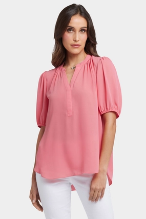 Short Puff Sleeved Popover Top - Spiced Coral Quick Release Placket Smooth Stitch Pattern