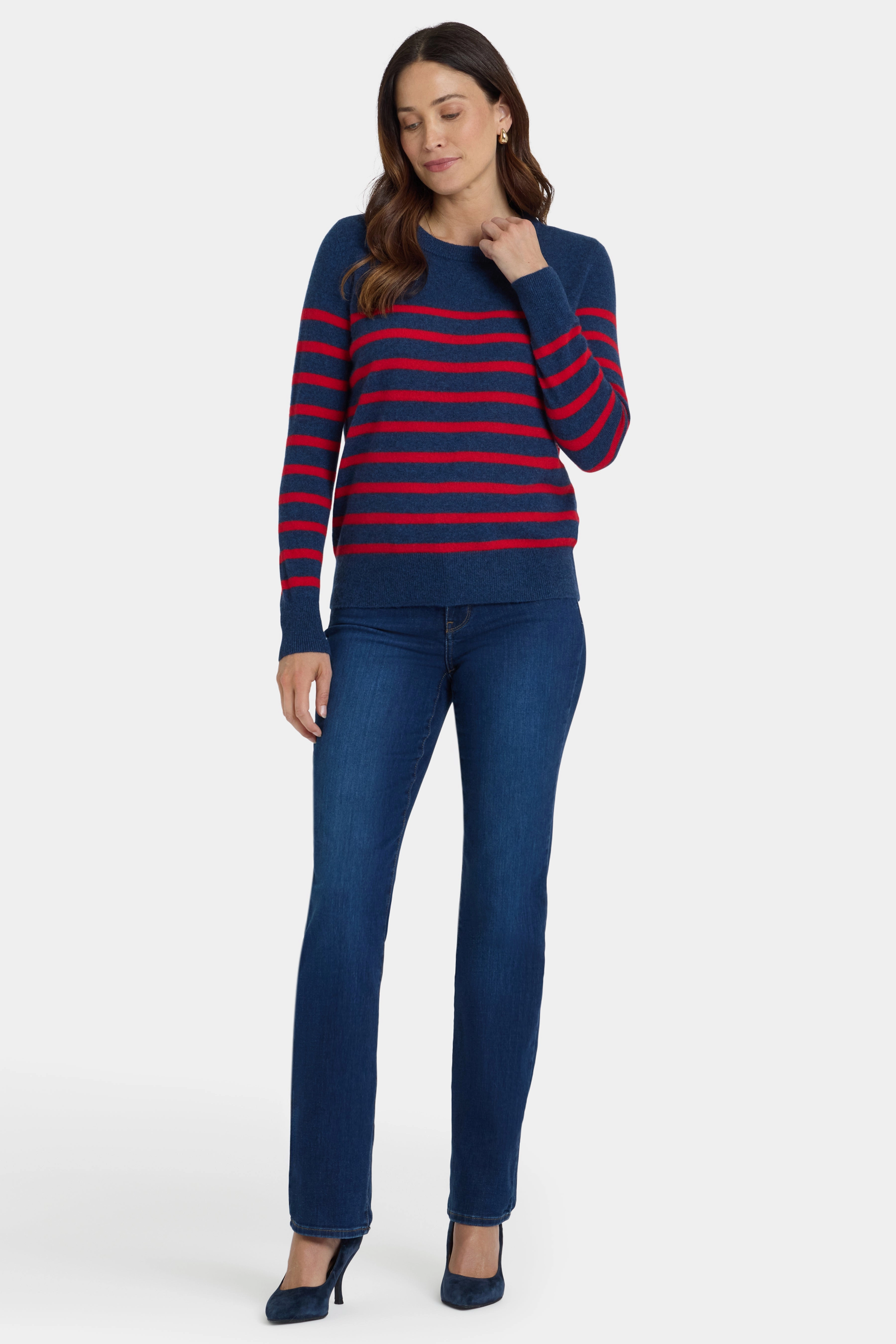 Striped Cashmere Crewneck Sweater - Navy Red Stripe Perfect Warmth Effortless Comfort Fit