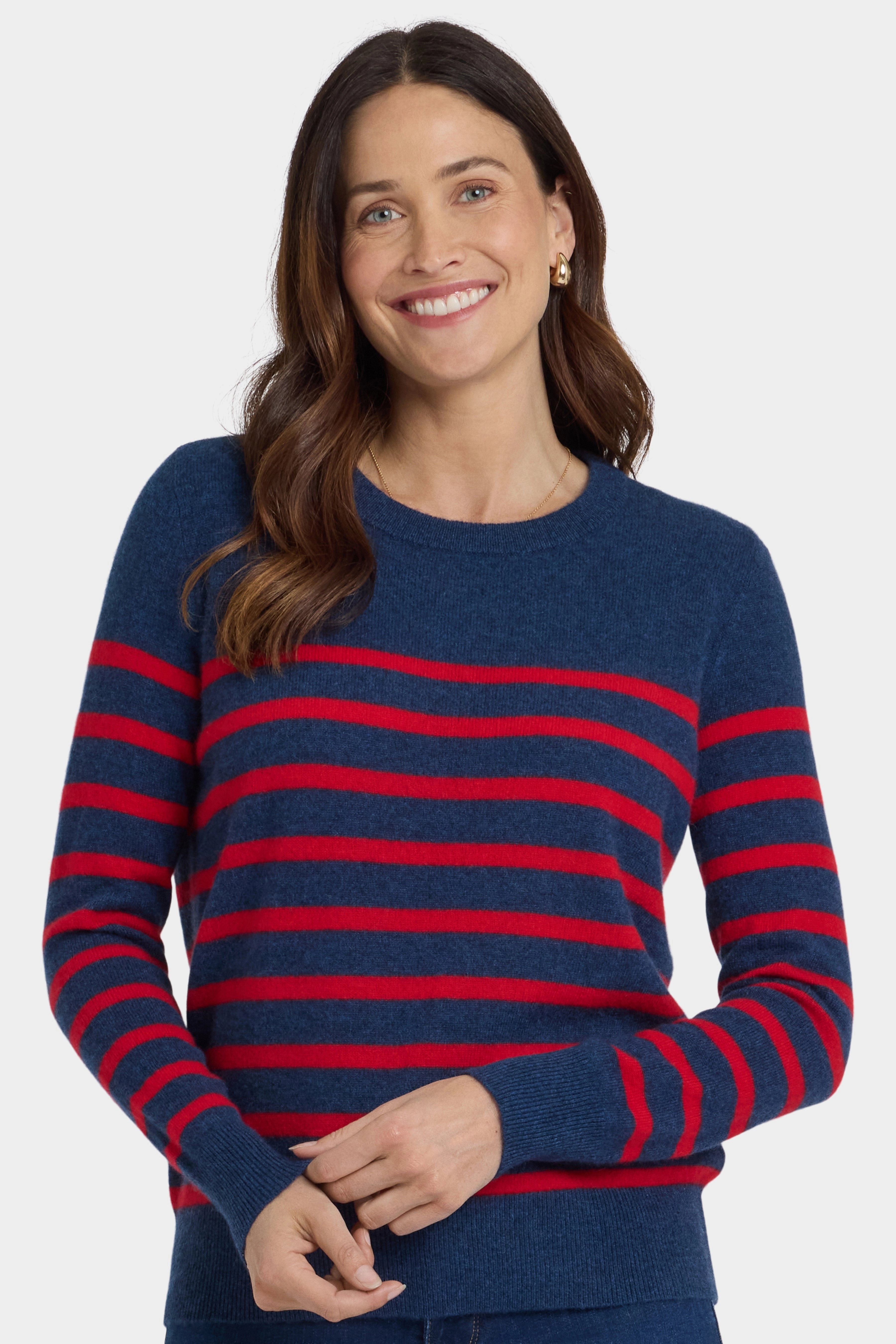 Comfort Choice Striped Cashmere Crewneck Sweater - Navy Red Stripe