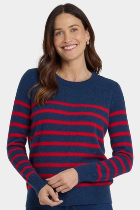Comfort Choice Striped Cashmere Crewneck Sweater - Navy Red Stripe