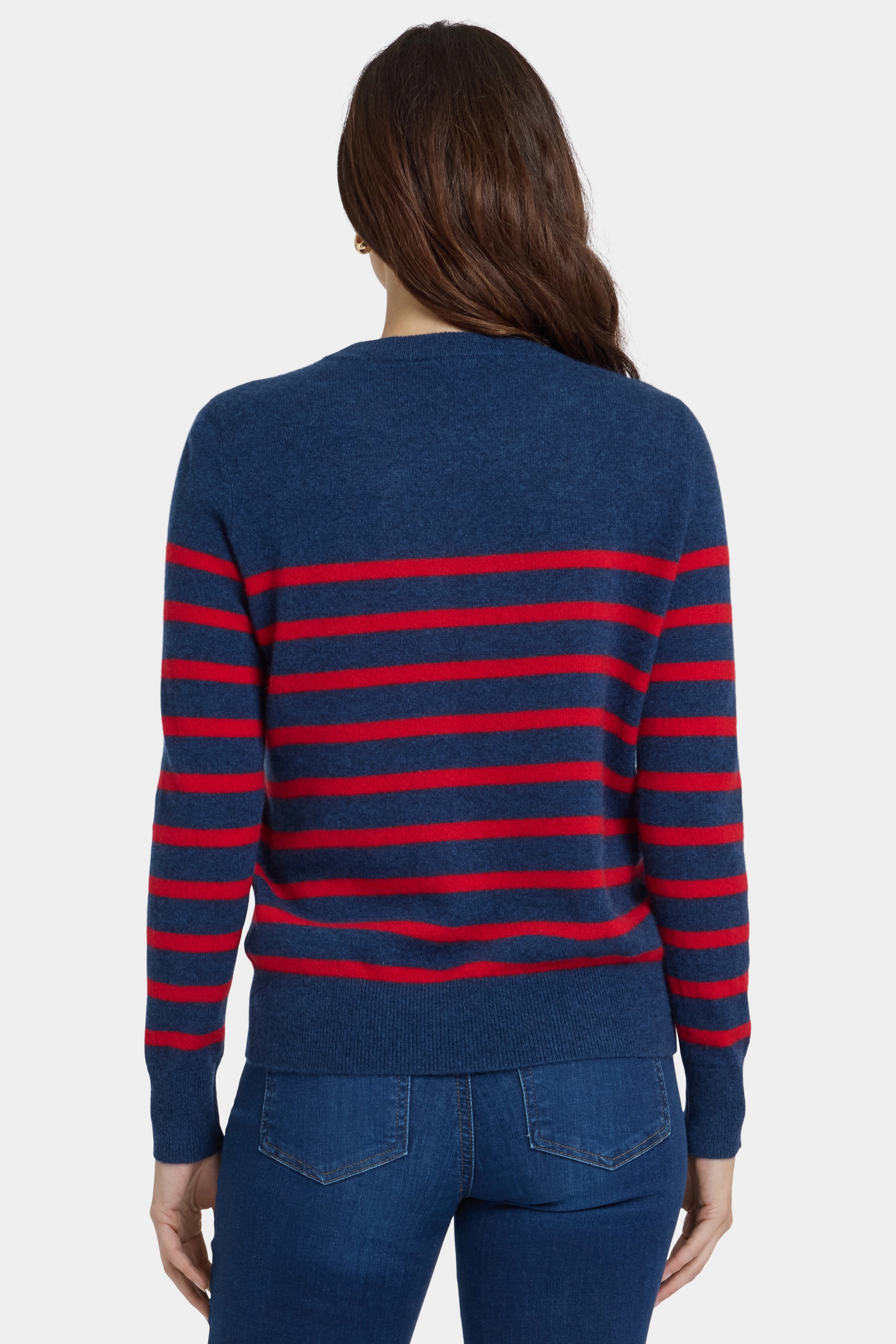 Striped Cashmere Crewneck Sweater - Navy Red Stripe Temperature Regulating Fabric Relaxed Comfort Design
